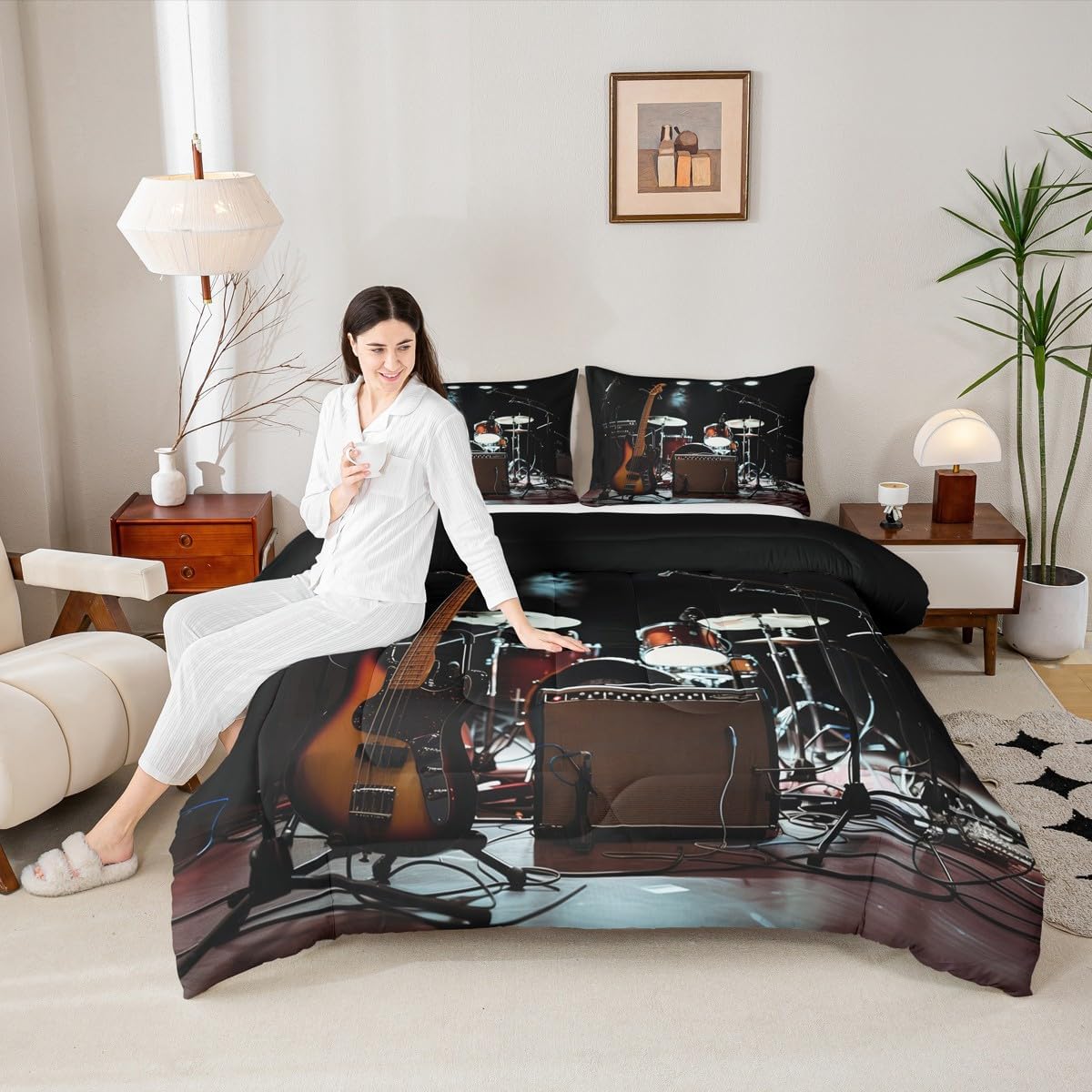 Retro Drum Kit King Bedding Set for Kids,Pop Music Comforter Bed Set Boys Men Bedroom Decor,Boys Girls Rock Music Themed Quilt Set for Child Bedroom 3 PCS,Musical Duvet Insert,2 Pillow Cases