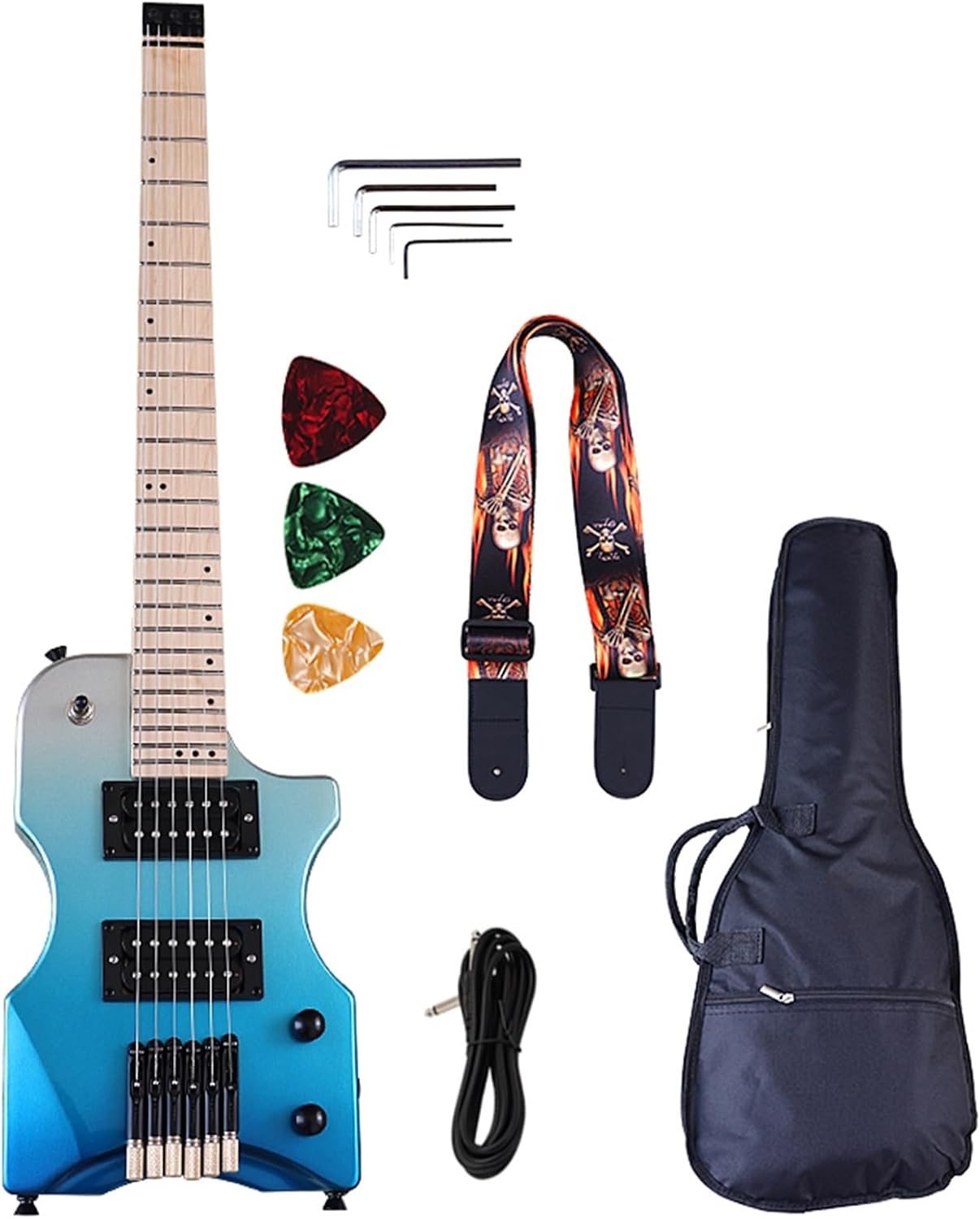 VENEKA Headless Electric Guitar Mini Portable Guitar 6 String Travel Headless Electric Guitar 30 Inch High Gloss Finish Solid Basswood Body (Color : 02)