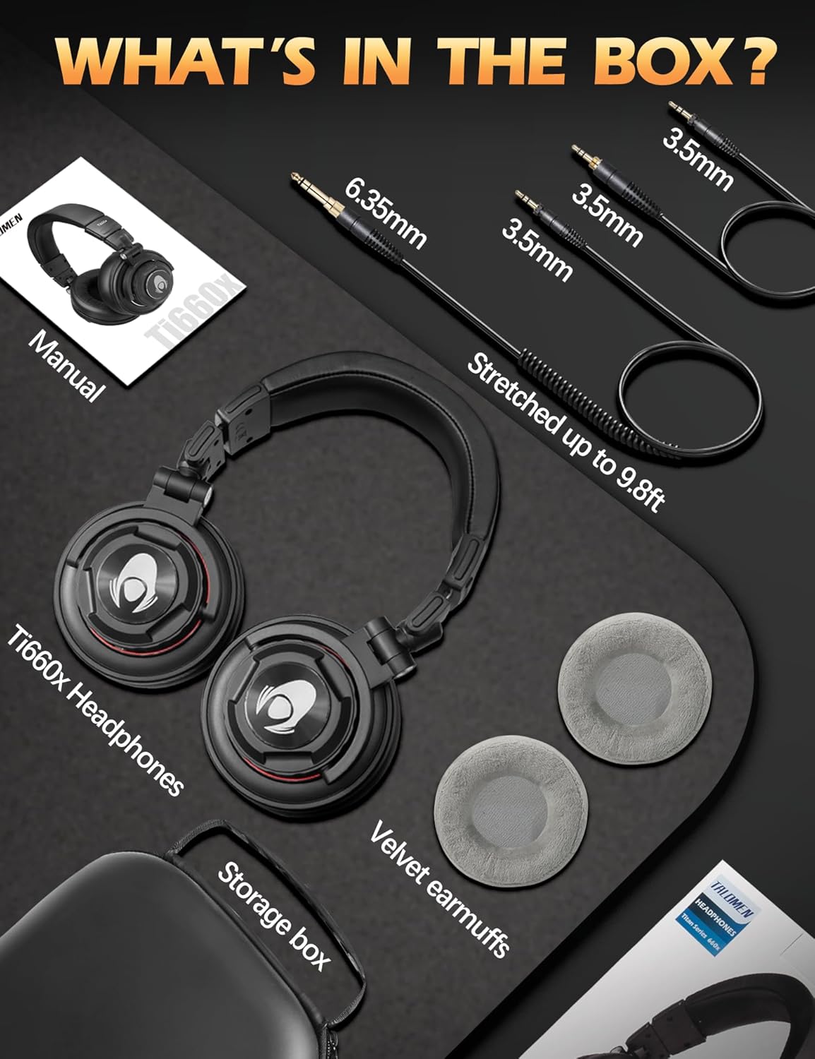 Ti660X Over Ear Studio Headphones, Wired Headsets for Professional Recording, Podcasting, Monitoring, Mixing, Closed-Back, Soft Replaceable Earmuffs, Dual Detachable Cables (50 Ohm, Black)