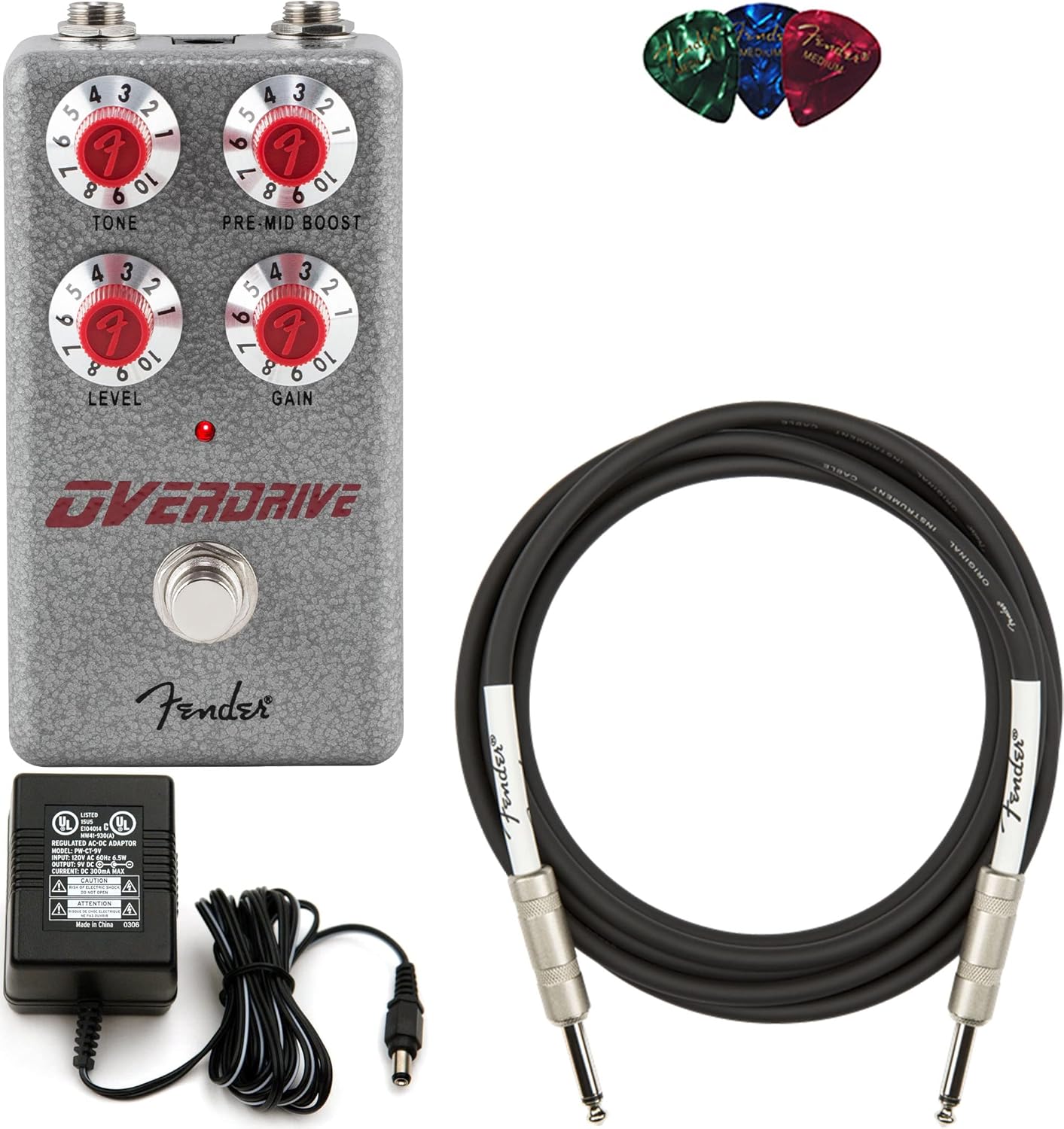 Fender Hammertone Overdrive Bundle with Power Supply, Instrument Cable, and Picks