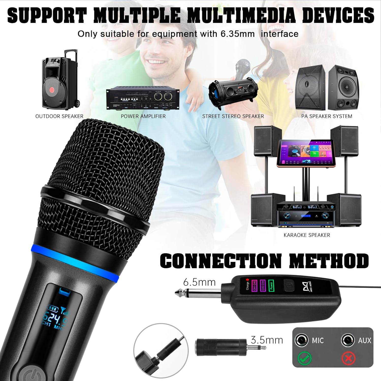 QiCheng&LYS 4 Wireless Microphones with Rechargeable Receiver, 2.4G Cordless Mics with Volume Control, Handheld Dynamic Mic System for Church Singing Karaoke Wedding, 200ft
