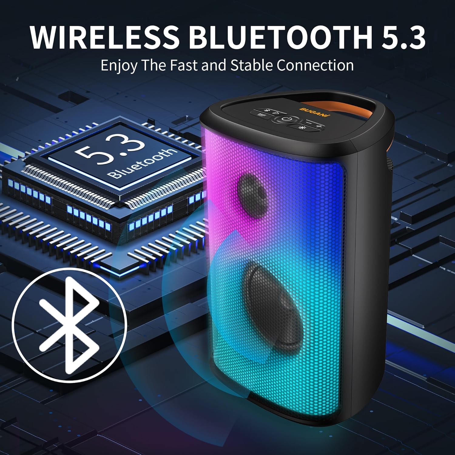 BUGANI Loud Bluetooth Speaker, 120W Portable Wireless Speakers with Punchy Bass and Loud Sound, LED Lights, 15H Playtime, IPX6 Waterproof, Support AUX/TF Card/USB, Big Party Speaker for Outdoor