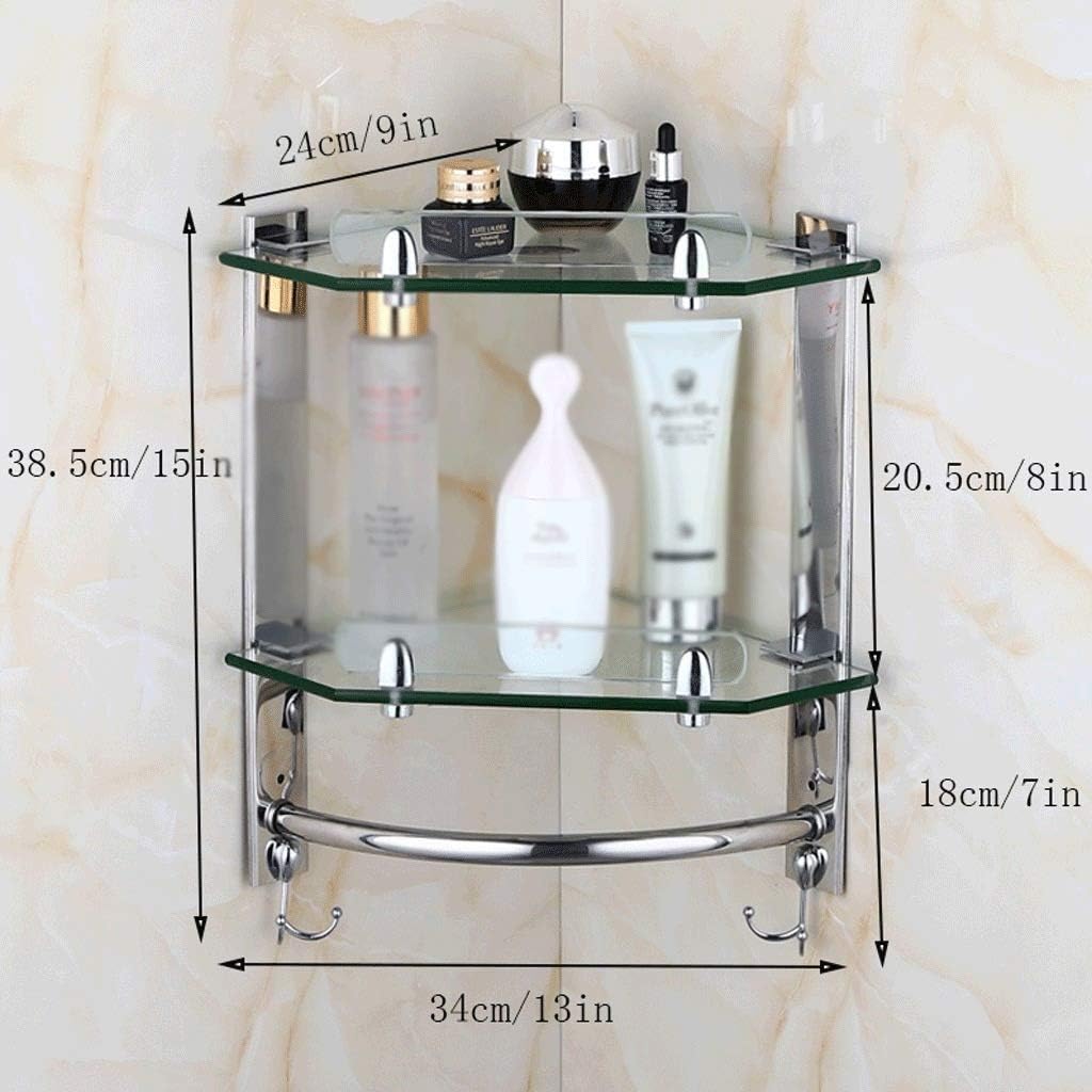 Aluminum Glass Shelf Bathroom Bath Corner Caddy Basket Storage Hanging Organizer with Extra Thick Glass Contemporary Style Wall Mount