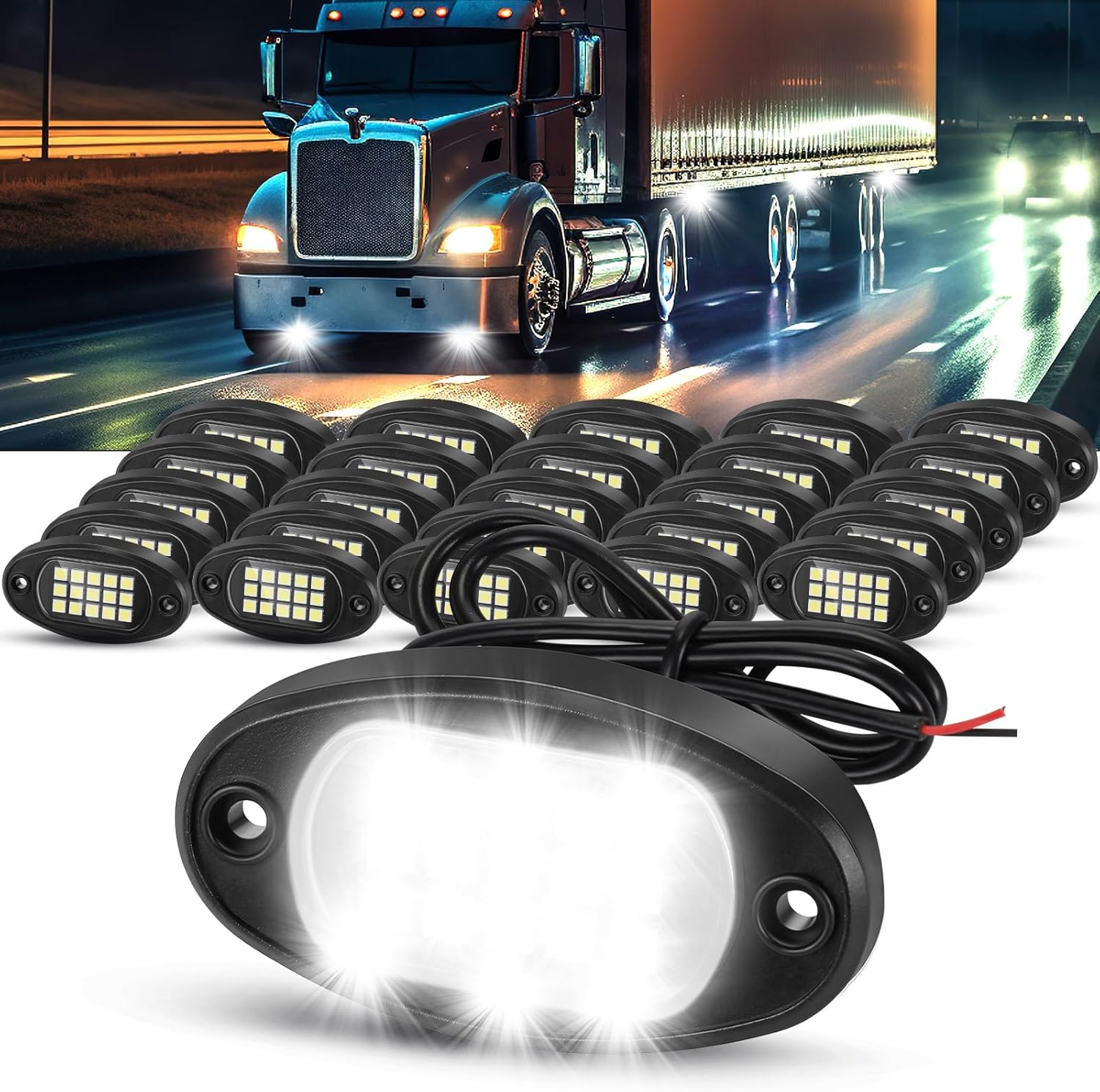 Baquler 30 Pods Rock Lights White Underglow Lights for Trucks Car SUV Waterproof Shockproof LED Ambient Rocklights Automotive Trailer Lighting for Motorcycle Boat ATV UTV(15LED Chip Style)