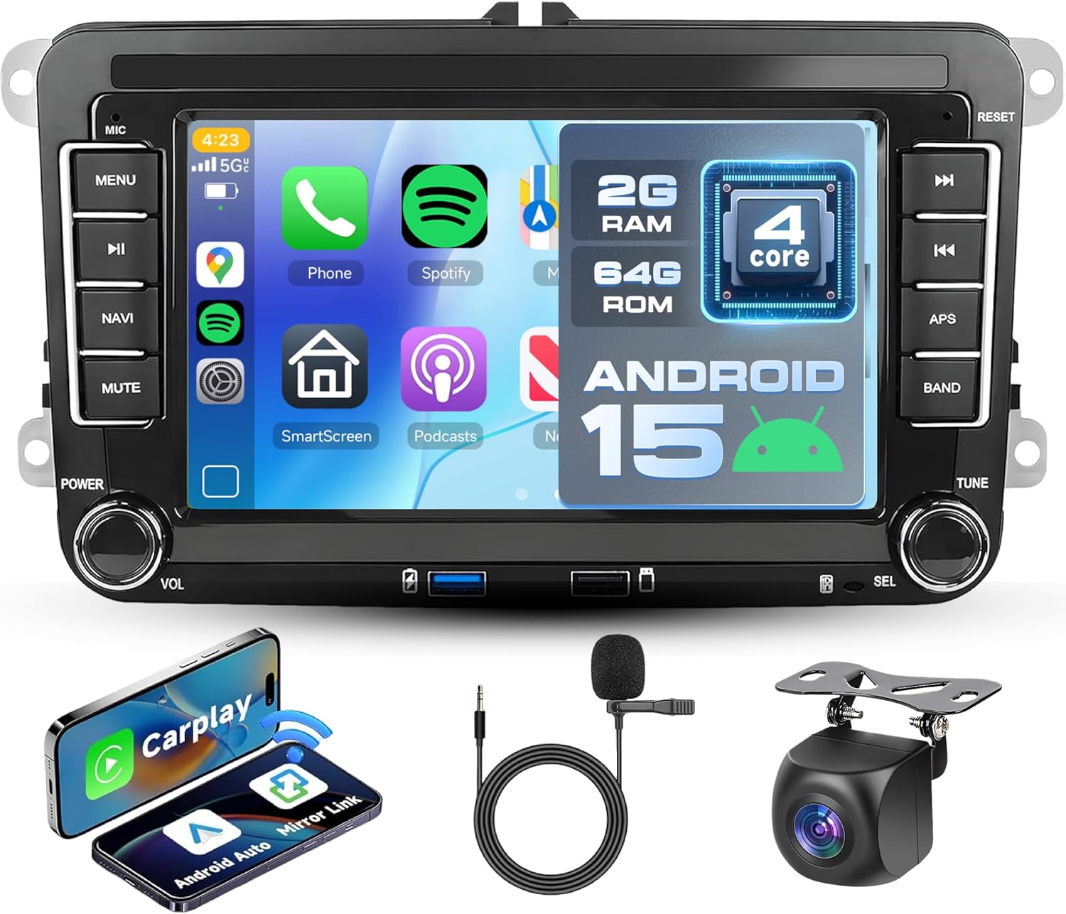 Android Car Stereo for Volkswagen VW Jetta Passat Golf Beetle Polo Tiguan for SEAT for Skoda with Wireless Carplay Android Auto, 7 Inch Touchscreen with GPS,Bluetooth,WiFi,FM/RDS,EQ,ASP,SWC