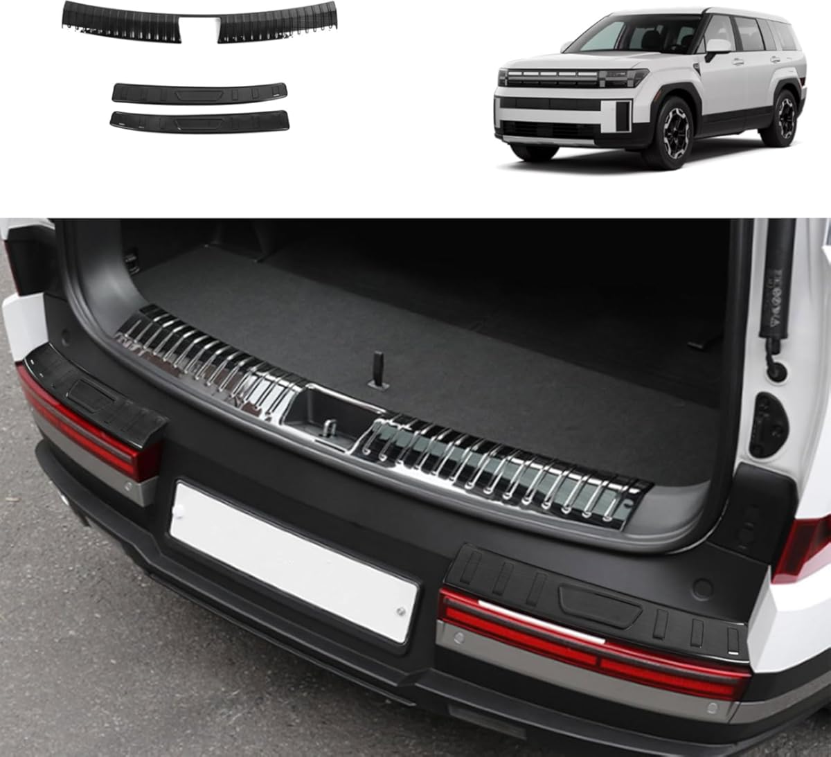 Car Accessories Compatible with Hyundai Santa Fe 2024 2025 Inner and Outer Rear Bumper Sill Plate Guard Cover Door Tailgate Trunk Lid Trim Stainless Steel 3PC(Black Brushed Finish)