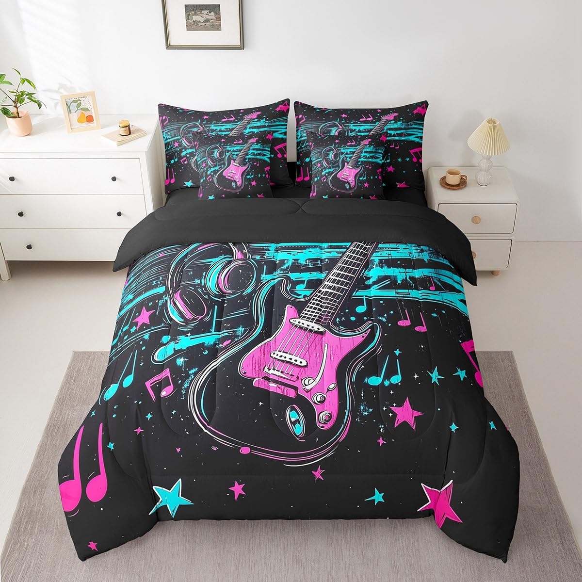 7 Pieces Queen Size Electric Guitar Comforter Set,Glitter Starry Sky Tie-dye Graffiti Bedding Set for Boys Girls,Neon Musical Notes (Comforter+Fitted+Flat Sheet+2 Pillowcases+2 Throw Pillow Covers)