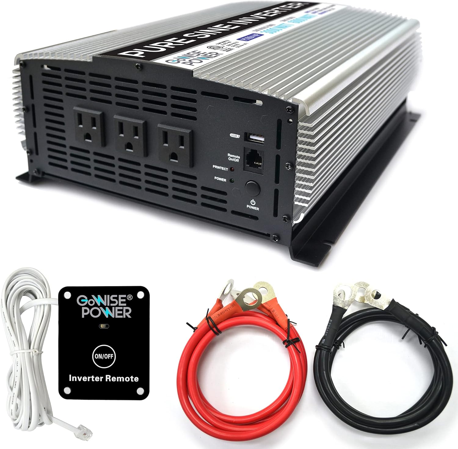 PS1004 3000W Continuous 6000W Surge Peak Power Pure Sine Wave Inverter with Starter Cables and 4 Output Sockets, Updated Model, Grey, Standard
