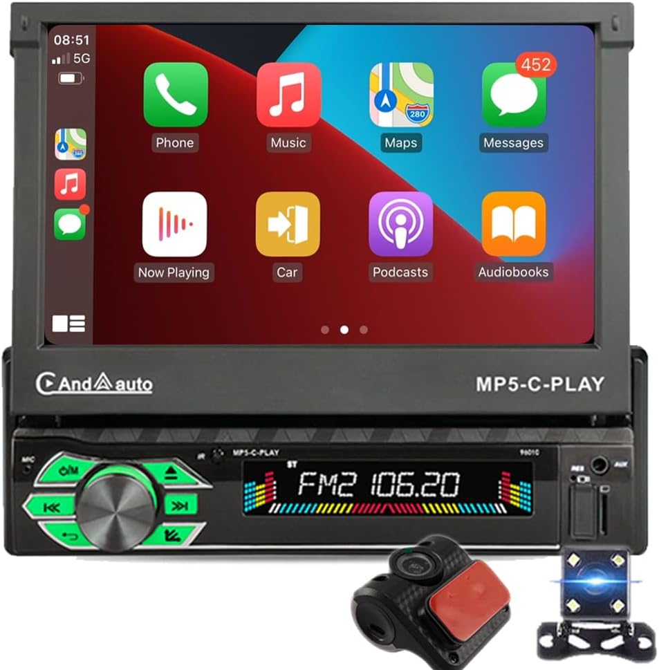 Bluetooth Car Stereo Apple Carplayer Android Auto 7 Inch Automatic Telescoping Touchscreen Radio Supports FM Mirror Link SWC,Single Din Car Audio with USB/TF Card Port/AUX-in Rear View Camera DVR