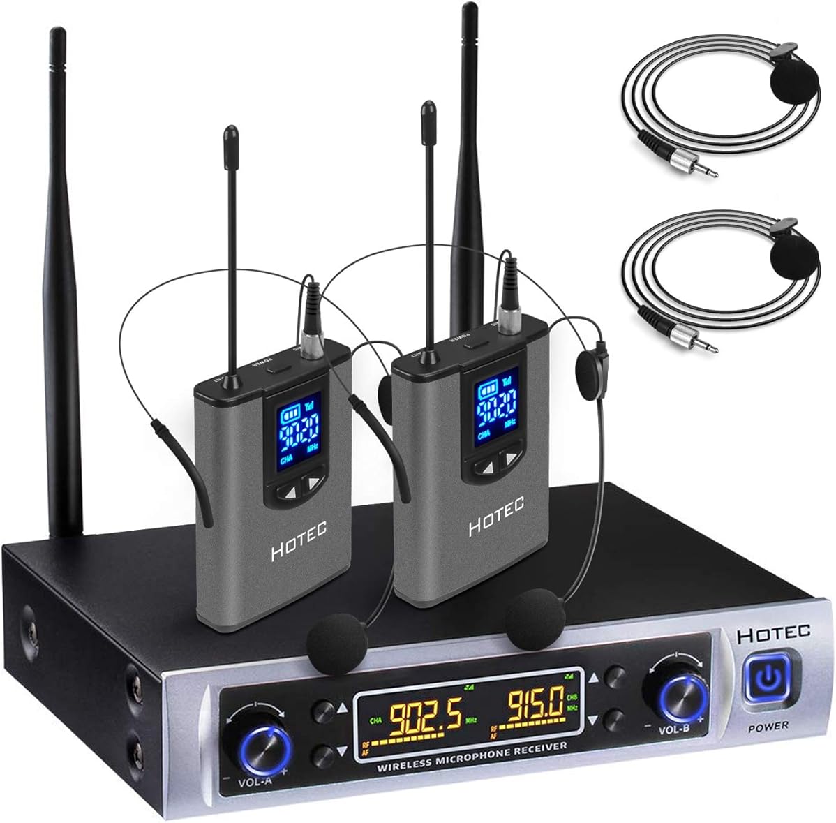 HOTEC UHF Wireless Microphone System with Dual Lapel/Lavalier and Headset Microphones Over PA, Mixer, Speaker, Karaoke Machine for Church, Training, Classroom, Interview (H-K25)