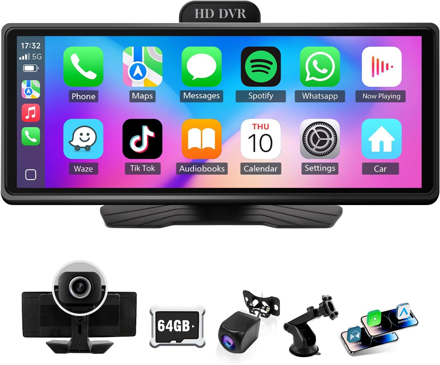 Portable Wireless Carplay Car Stereo,10.26 inch HD Touchscreen with Wireless CarPlay & Android Auto|Dash Cam|1080P Backup Camera|Bluetooth|AUX|FM Bluetooth Radio,Plug and Play for All Vehicles