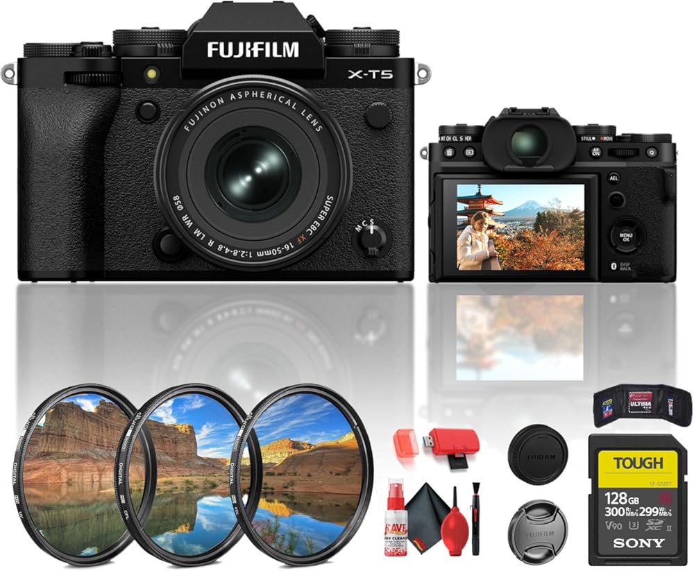 Fujifilm X-T5 Mirrorless Camera with XF 16-50mm Lens in Black (16842840) Bundle Including: 128 GB Memory Card, 3-Piece Filter Kit, Card Reader, Lens Caps, Full Cleaning Kit