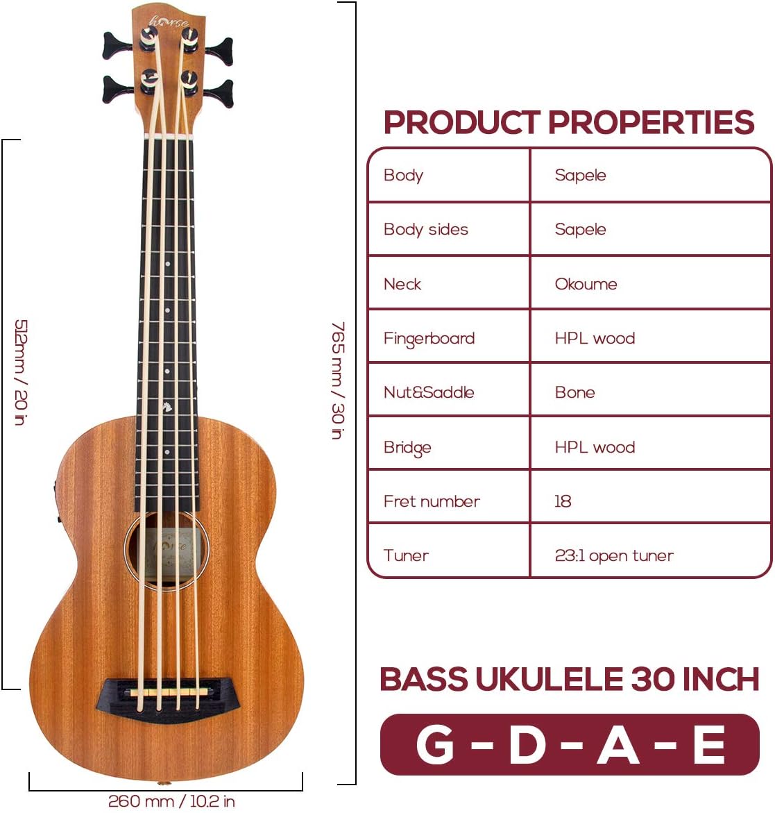 lotmusic Electric Acoustic Bass Ukulele 30 inch African Blackwood Professional Aquila EADG with Gig Bag Strap for Beginner and advanced.