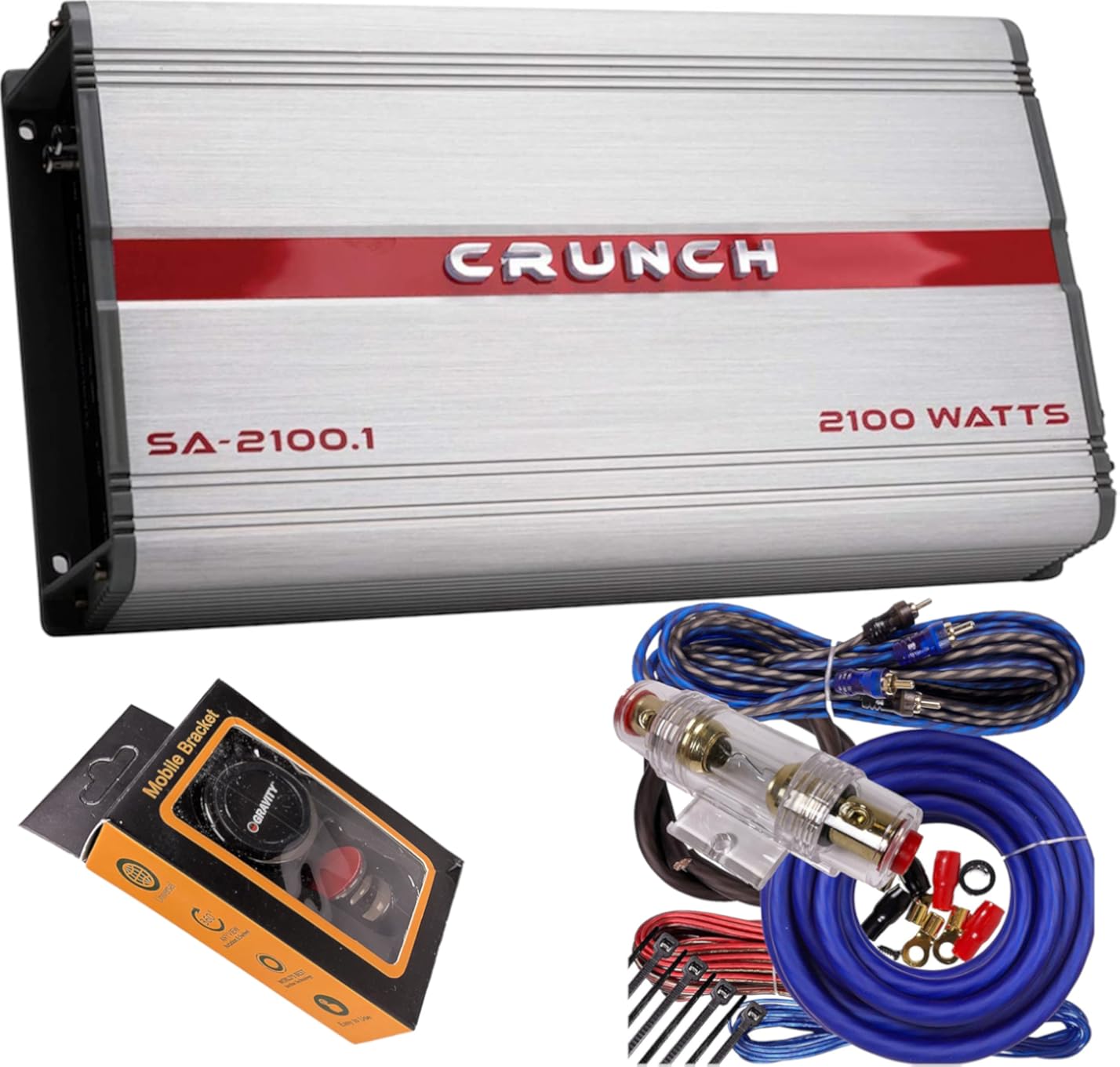 Crunch SA-2100.1 Smash Series 2,100-Watt Monoblock Class AB Amp Car Audio Sound System Subwoofer Speaker Amp Amplifier with Gravity Magnet Phone Holder and 4 Gauge Kit Blue Bundle