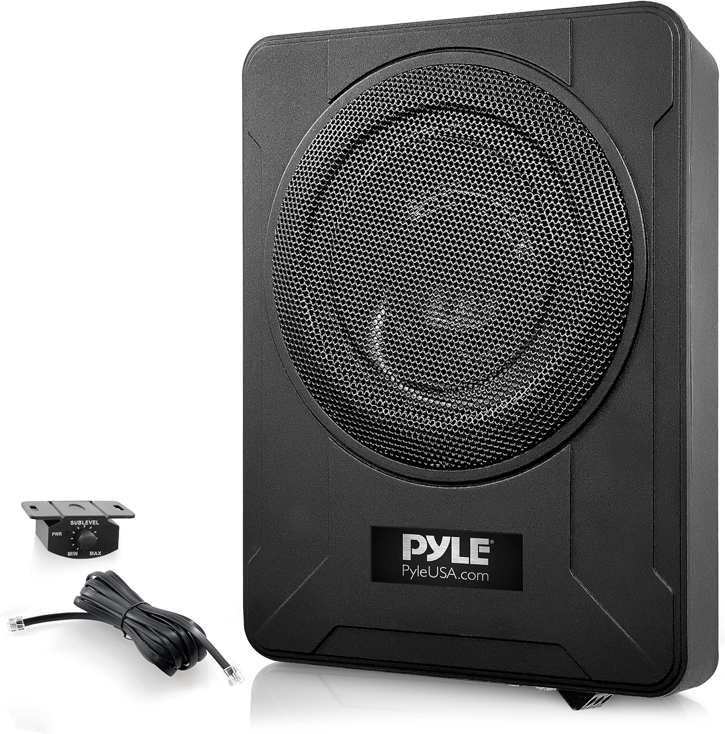 Pyle 8-Inch Low-Profile Amplified Subwoofer System - 600 Watt Compact Enclosed Active Underseat Car Audio Subwoofer with Built In Amp, Powered Car Subwoofer w/ Low & High Level Inputs - Pyle PLBX8A
