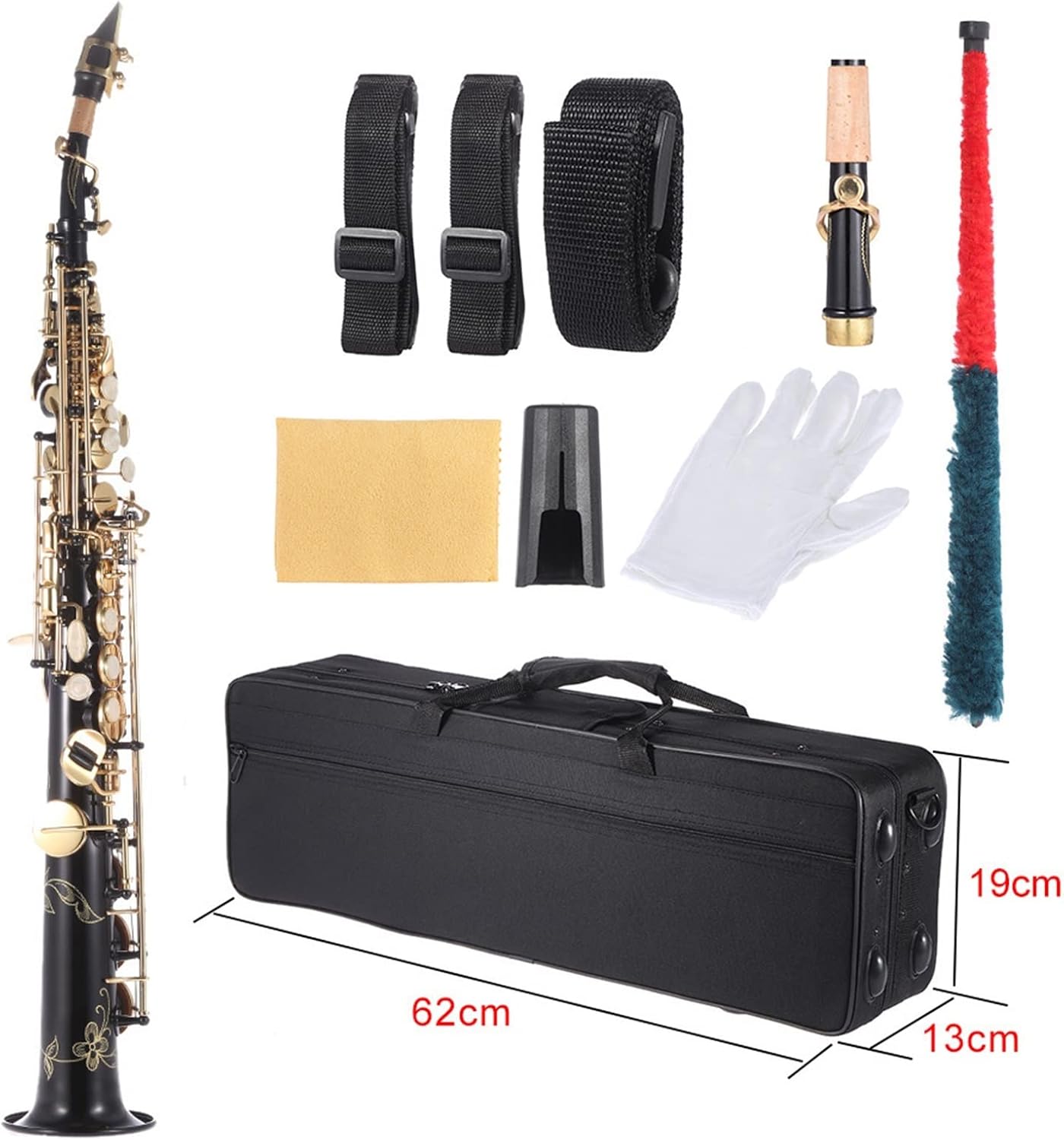 Brass Straight Saxophone Bb B Flat Natural Shell Key Carve Pattern Woodwind Instrument (Color : Black)