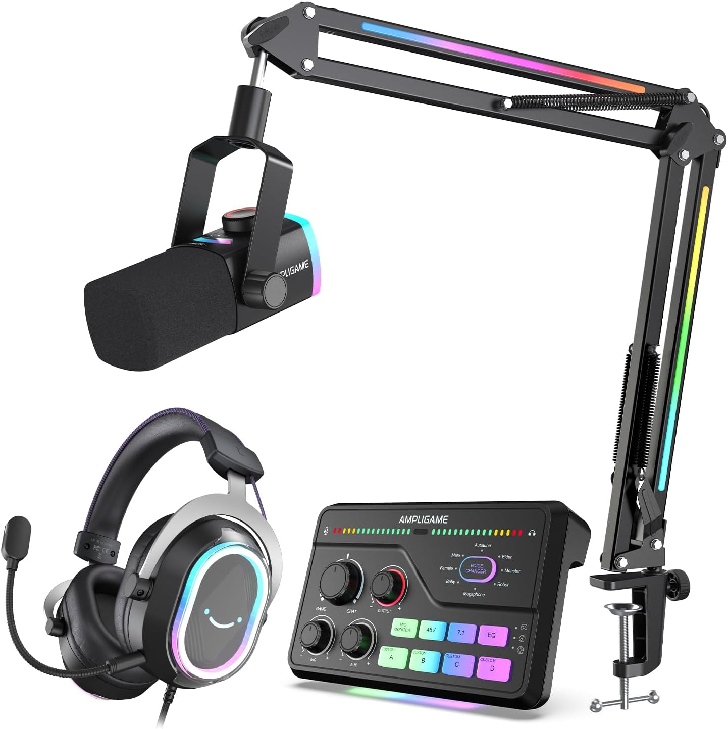 FIFINE Gaming Streaming Bundle, XLR/USB RGB Dynamic Mic with Boom Arm & Quick-Mute, 7.1 Surround Sound RGB Mixer and Noise-Canceling Headset with 3 EQ Modes for Podcast/Recording-（AM8PROT+SC8+H13BP）