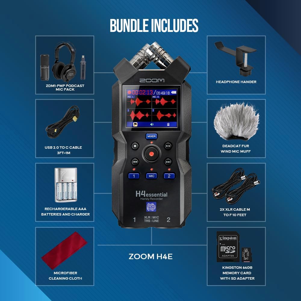 Zoom H4essential 4-Track Handy Recorder, 32-Bit Float, XY Mic, Accessibility, XLR/TRS Inputs with 64GB SD, Rechargeable Batteries, Podcast Mic Set, Mic Muff & More for Podcasting, Music & Interviews