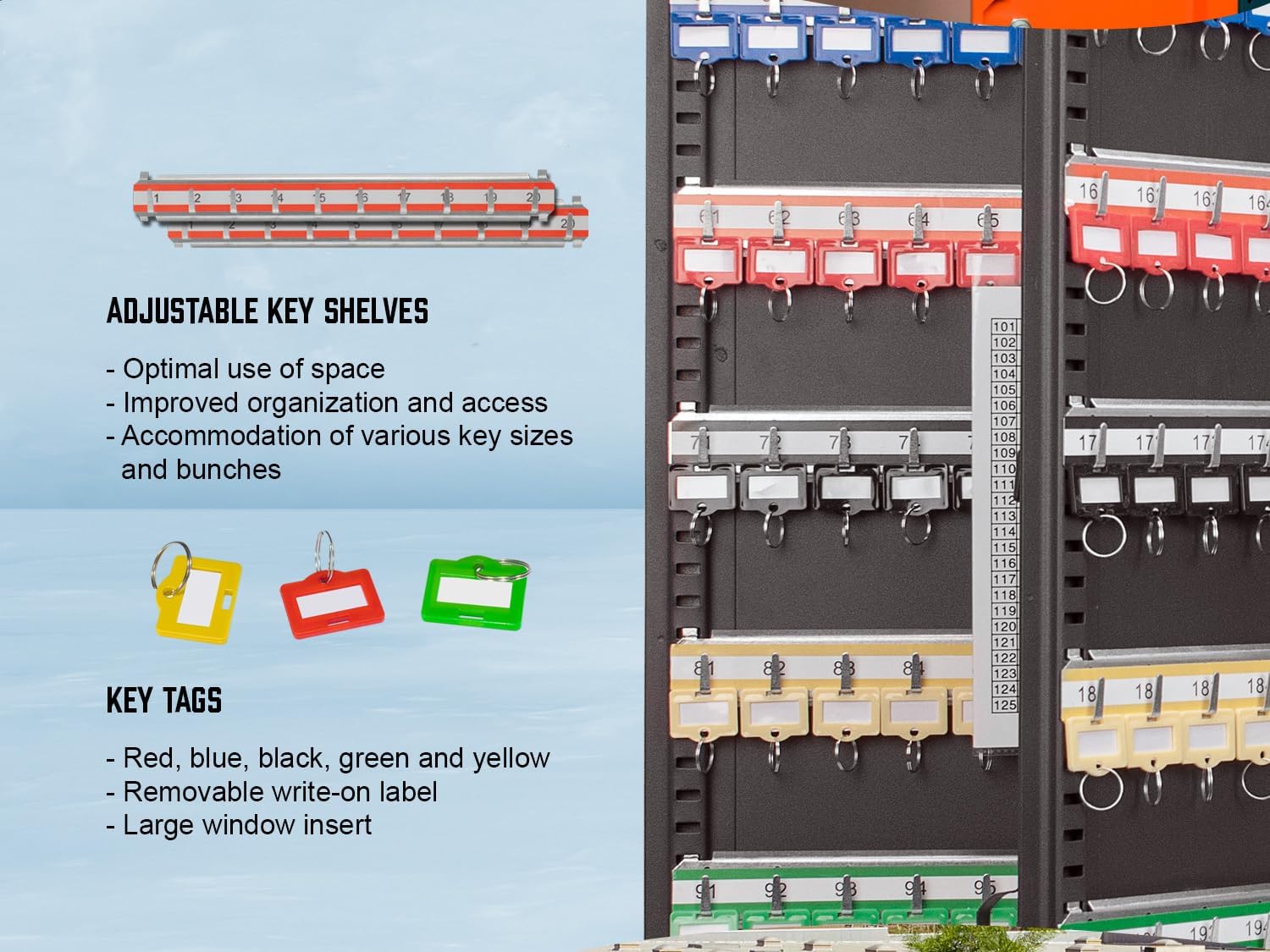Barska 300 Position Key Lock Box – Wall Mount Key Cabinet with Numbered Hooks, Key Log Sheet, Colored Key Tags, Labeled Shelves, Solid Steel Construction – Secure Key Organizer