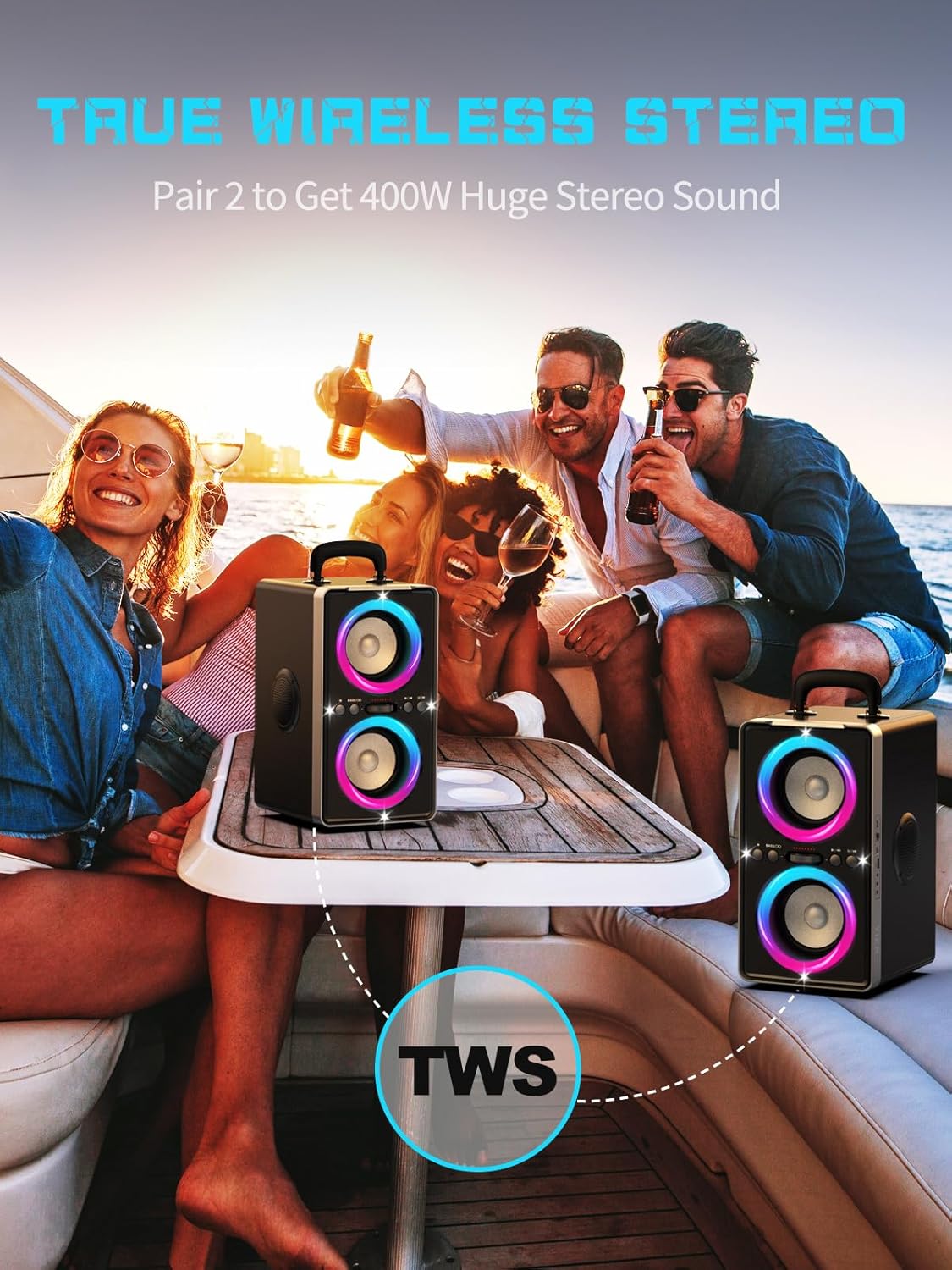 Bluetooth Speaker, 200W Peak Loud Stereo with Big Bass, 20H Playtime, TWS, Fast Charging, Portable Handle, Wireless Large Boombox Bocina with LED Light for Party Outdoor Backyard Camping