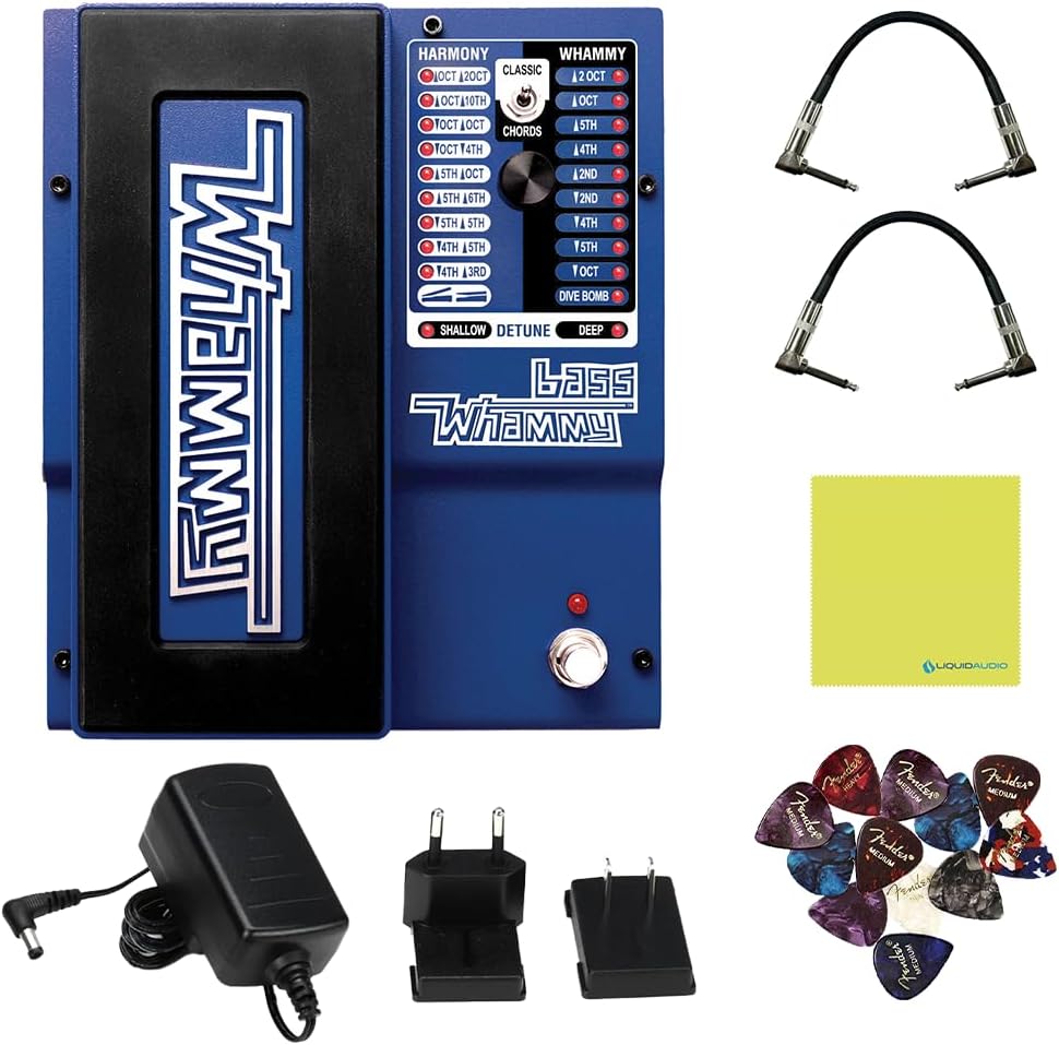 Digitech BWHAMMY Bass Whammy EQ Effects Pedal Bundle w/2x Strukture S6P48 Woven Right Angle Patch Cables, 12x Guitar Picks and Liquid Audio Polishing Cloth