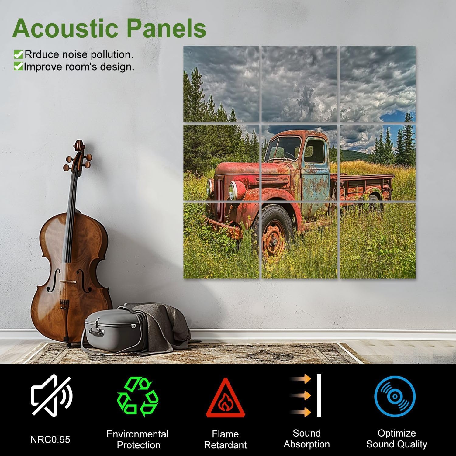 Art Acoustic Panels Self Adhesive vintage farm truck fields pictures 9 Packs Decorative Soundproof Wall Panels Large Sound Absorbing Panels for Home Office 60