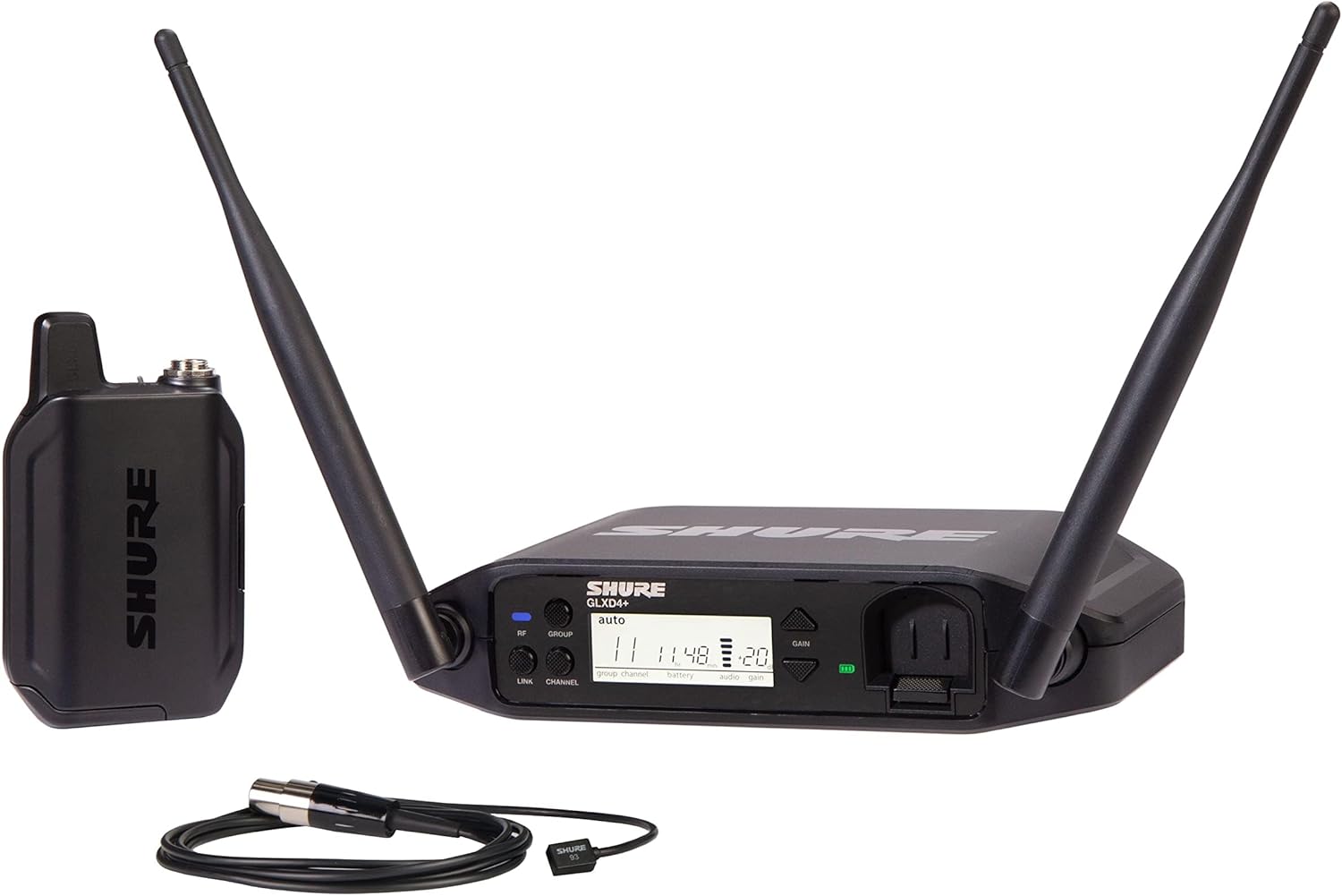 Shure GLXD14+/93 Dual Band Pro Digital Wireless Microphone System for Interviews, Presenting, Theater - 12-Hour Battery Life, 100 ft Range | WL93 Lavalier Mic, Single Channel Receiver (GLXD14+/93-Z3)