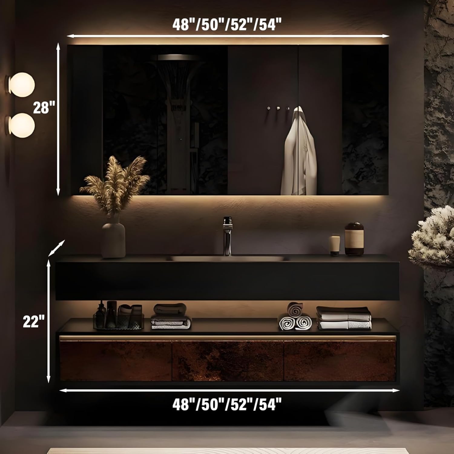 52IN Bathroom Vanity with Sink - Modern Solid Wood Floating Vanity Cabinet, Smart Defrost Mirror, No Hygiene Dead Corners, Silent Drawers, Stylish Bathroom Storage for Renovation,Brown