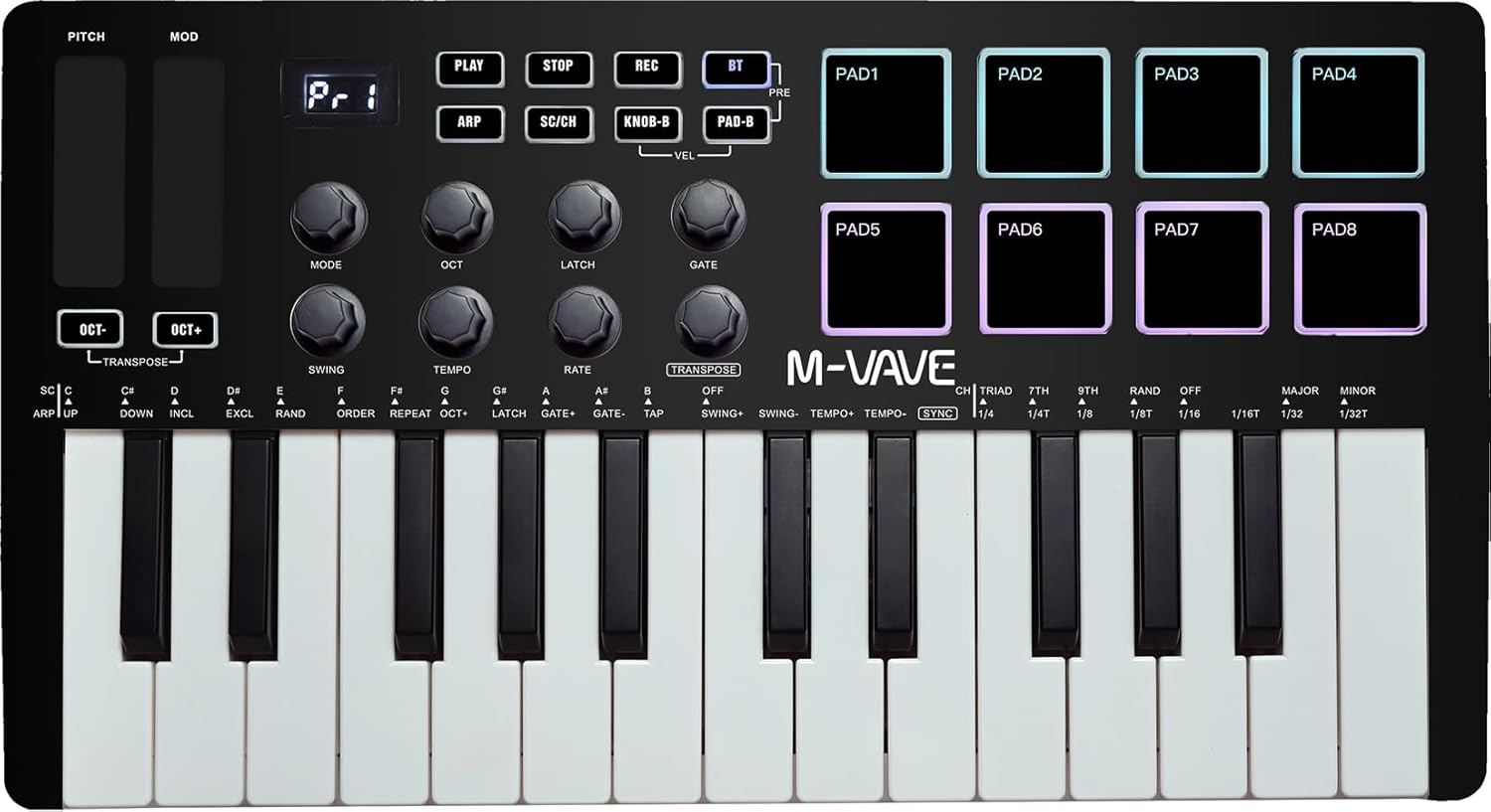 M-VAVE 25 Keys 8 Backlit Drum Pads MIDI Keyboard – Professional Beat Maker and Keytar for Keyboard Music Production Builtin Battery Wireless Connect Black