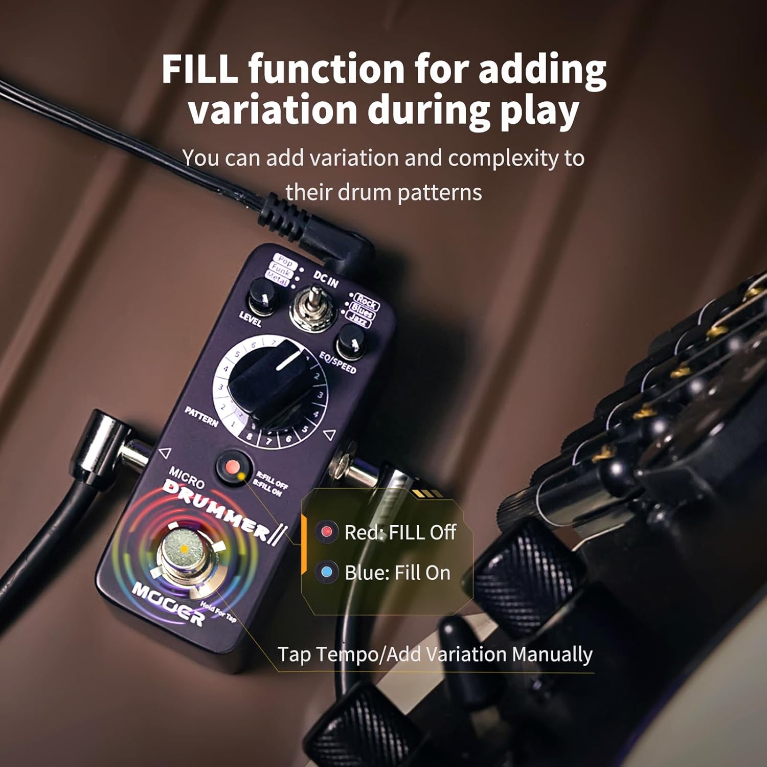 MOOER Micro Drummer II Guitar Drummer Pedal Drum Machine Effect with FILL Function, 48 Drum Grooves, and 6 Music Style Per 8 Different Rythem, With EQ, Tap Tempo for Electric Guitar