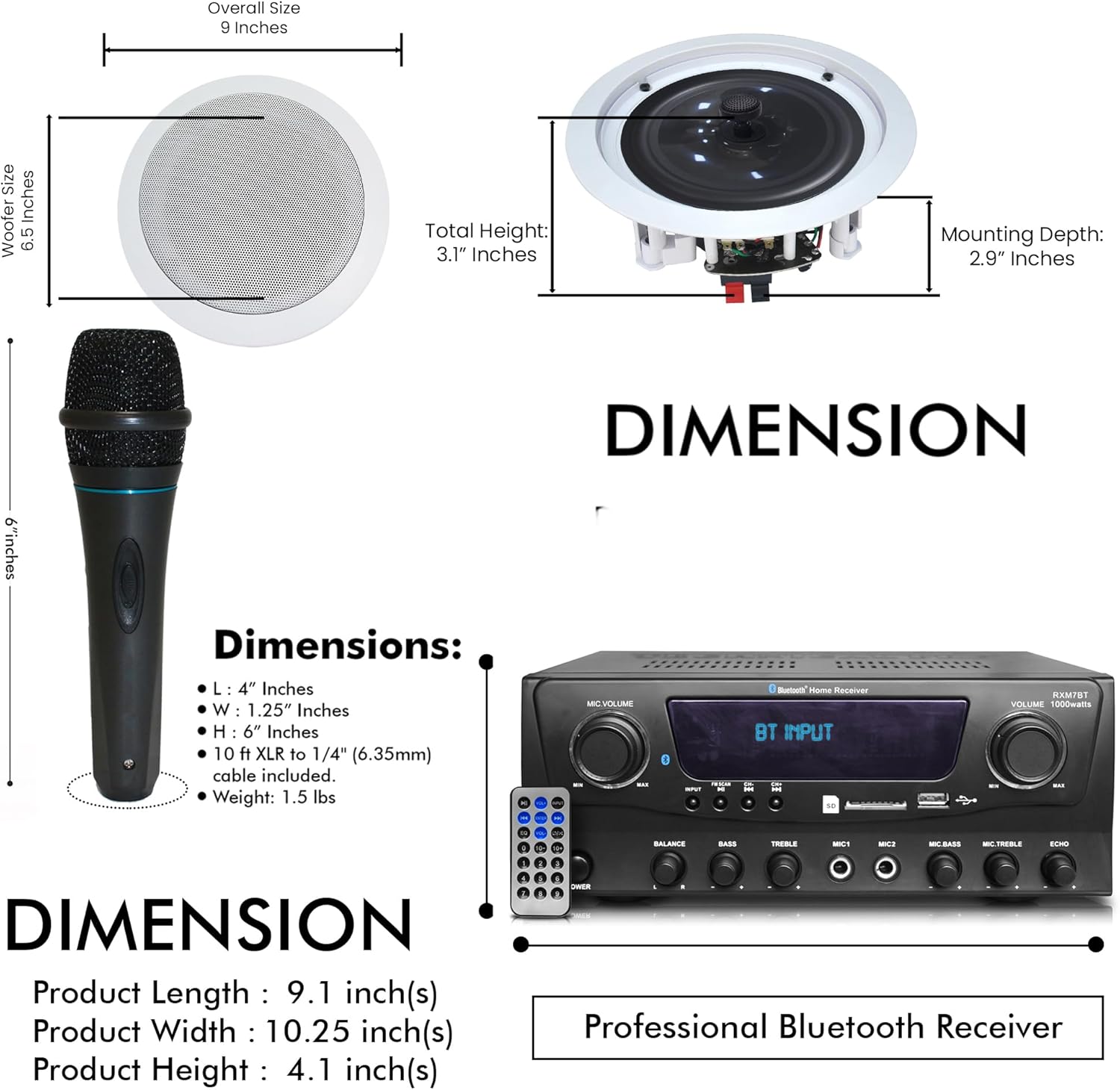 1000 Watts 2 Room Bluetooth Home Amplifier and Receiver with USB and SD Reader, (Qty 6) 6.5 Flush Mount in-Wall/in-Ceiling Stereo Speakers, Handheld Microphone with 10 Ft Cable