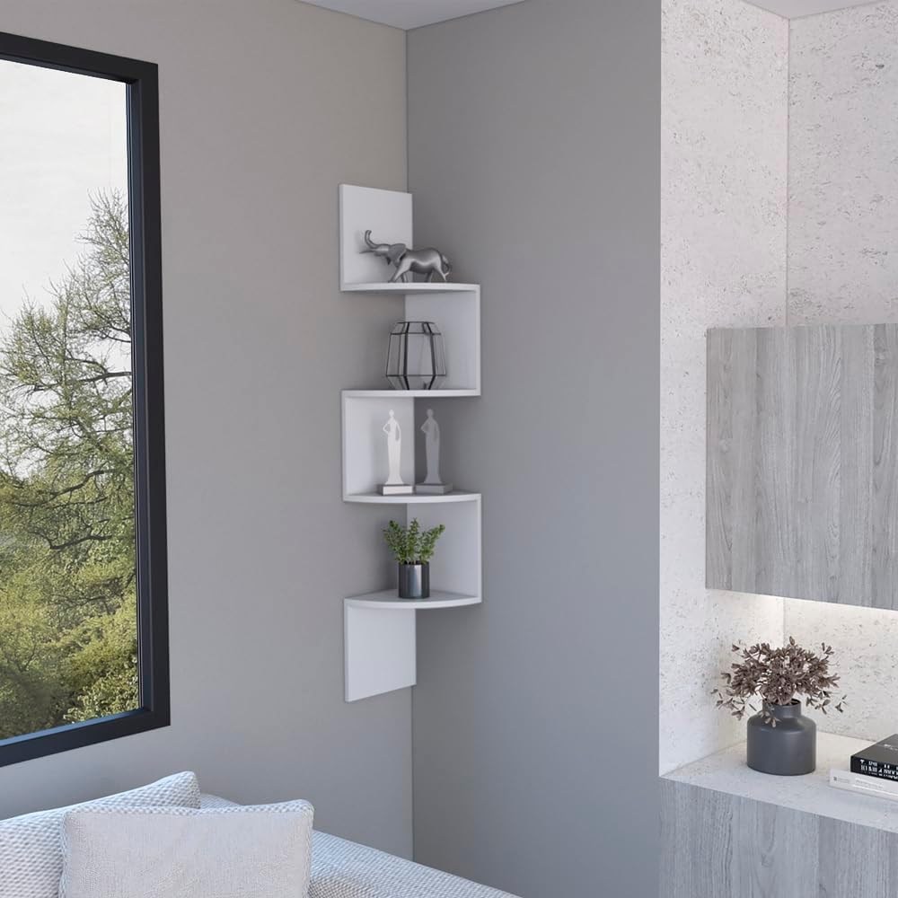DSHADE 4-Tier Corner Shelves, Floating Corner Shelf,Wall Organizer Storage,Wall Mount Shelves for Bedrooms, Bathroom Shelves,Kitchen,Offices,Living Rooms (White)