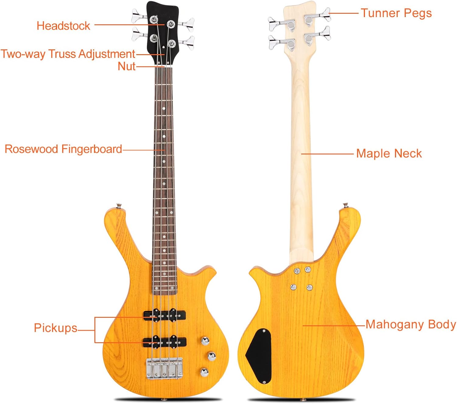 Ktaxon 4 String Electric Bass Guitar, 36-inch Bass Guitar Kit with Split single-coil Pickup, Rosewood Fretboard, Mahogany Body for Kids, Boy and Girl(Yellow)