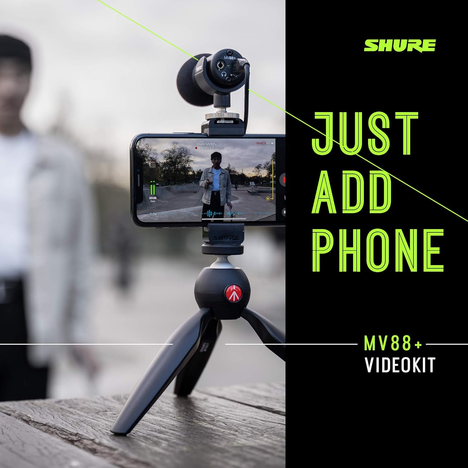 Shure MV88+ Video Kit - Digital Stereo Condenser Microphone for Apple and Android, with Manfrotto PIXI Tripod, Phone Clamp, Mount, iOS and USB-C Cables for Next-Level Compatibility and Connectivity