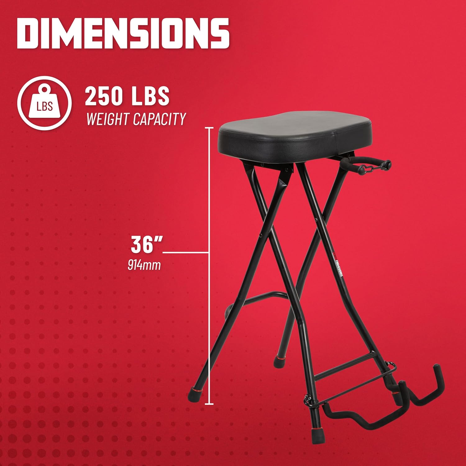 Gator Frameworks Foldable Guitar Stool with Padded Seat and Rear Mounted Guitar Hanger, (GFW-GTRSTOOL)