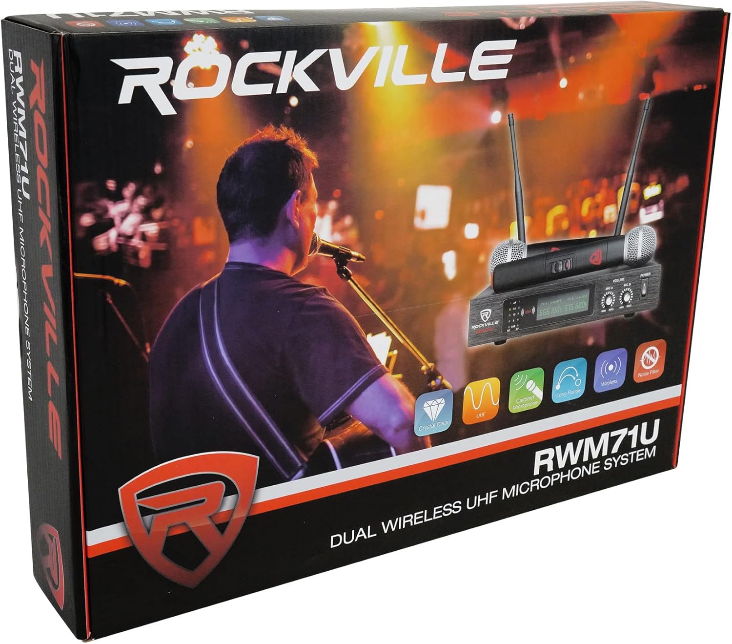 Rockville RWM71U Dual UHF Wireless Handheld Microphone System, Metal Receiver, 400ft Range, Auto Sync, LCD Display, XLR + 1/4