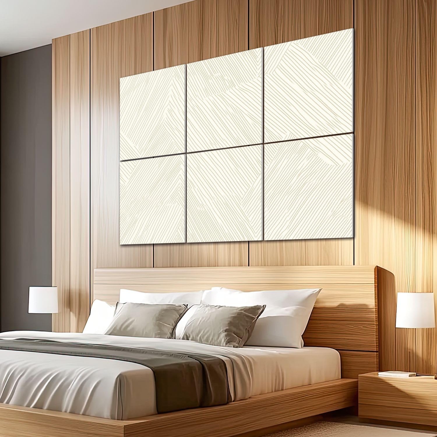 6 Pack Art Acoustic Panels Sound Absorbing Beige Modern Striped Boho White Gold Abstract Lines Geometric Shapes Decorative Soundproof Wall Panels Self Adhesive for Recording Studios Office 72