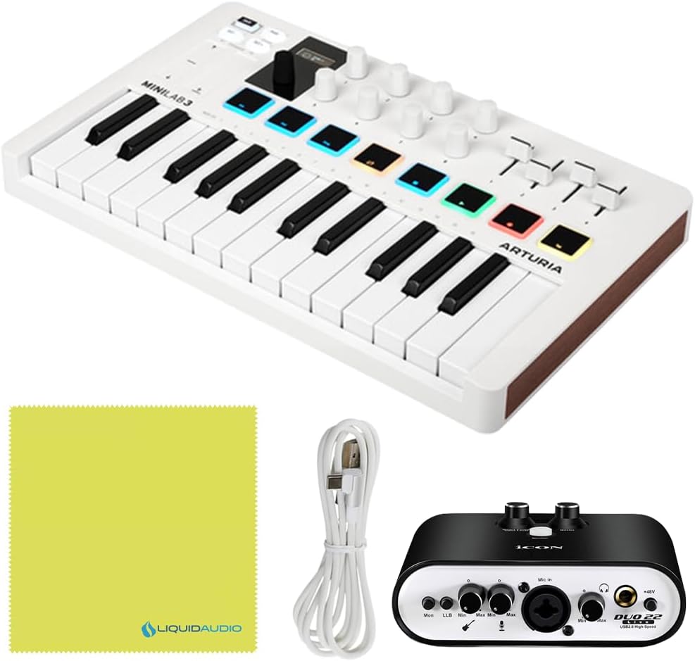 Arturia MiniLab 3 MIDI Keyboard Controller Bundle with Icon Duo22 Live USB Audio Interface, USB Cable & Polishing Cloth - 25 Key MIDI Keyboard for Recording Studio Equipment, Software Included (WHITE)