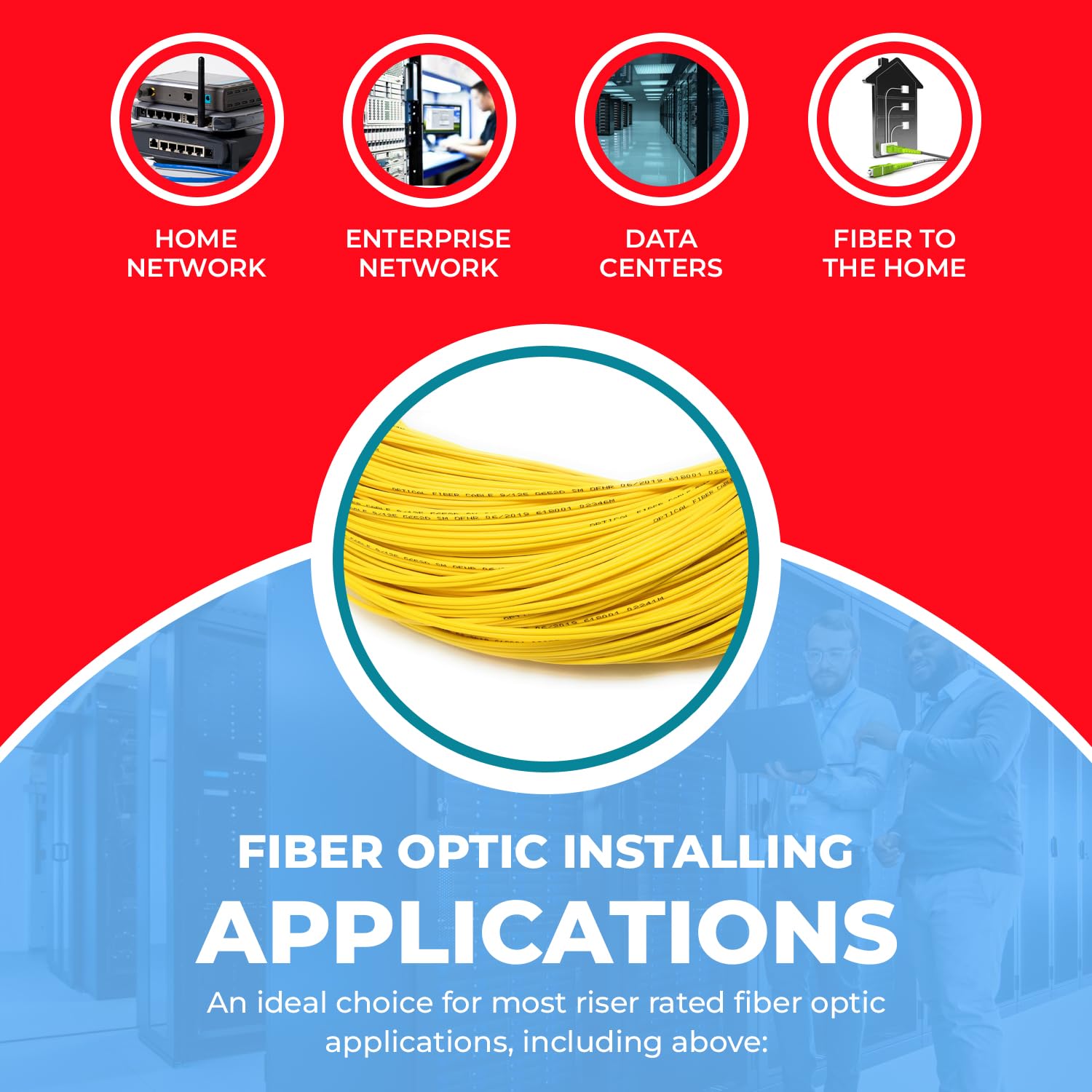 12 Strand Indoor Distribution Fiber Optic Cable, OS2 9/125 Singlemode, Corning, Yellow, Riser Rated, Spool, 1000 Feet