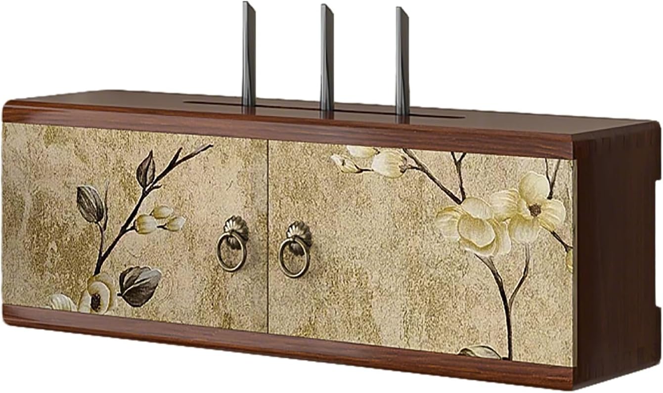 Router Shelf Wall Mount, Wooden WiFi Router Storage Box, Home Media Storage Cabinet for Living Room, No Signal Blocking, No Assembly Required(Walnut Color,48cm)