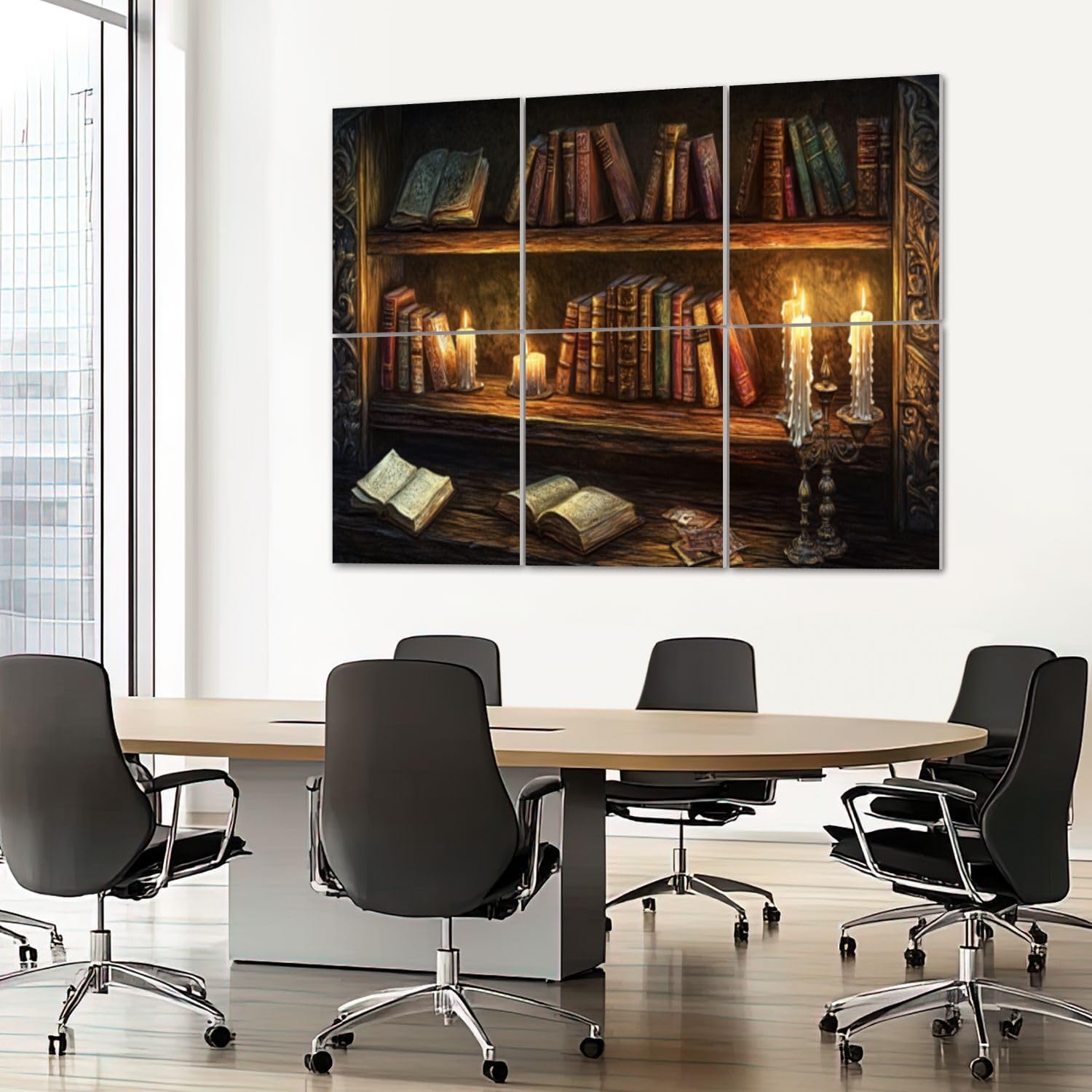 6 Pack Art Acoustic Panels Sound Absorbing Retro Bookcase Bookshelf Books Candles Wooden Shelf Ornate Open Warm Decorative Soundproof Wall Panels Self Adhesive for Recording Studios Office 72