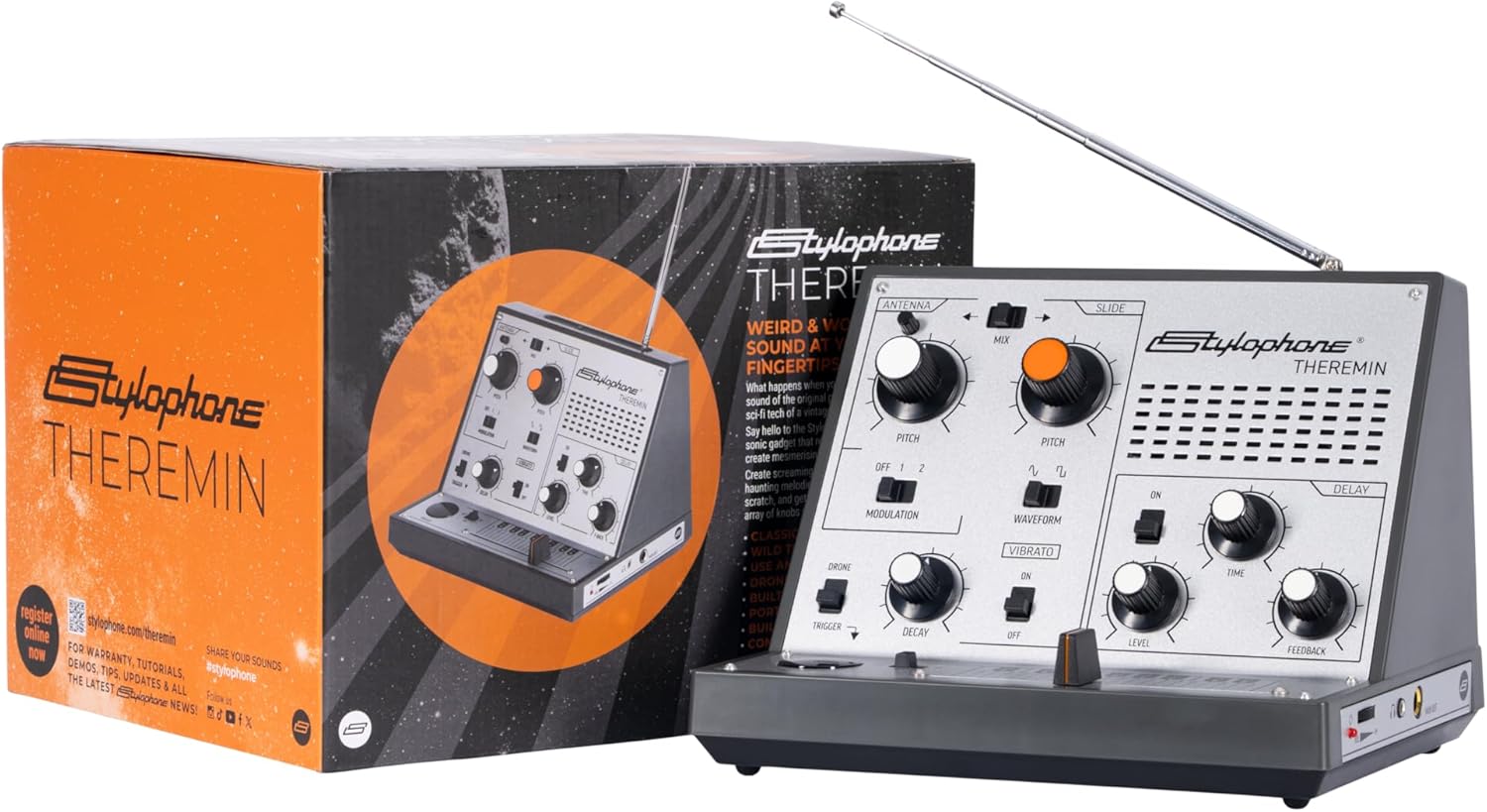 Stylophone Theremin – Award-Winning Portable Touch-Sensitive Synthesizer with Retro Analog Sound, Built-In Speaker, Delay & Vibrato Effects, Slider Control, Compact Battery-Powered Design