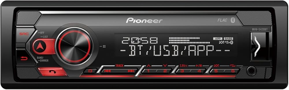 PIONEER MVH-S420BT 1-DIN Receiver with Bluetooth, Red Illumination, USB, Spotify, Pioneer Smart Sync App and Compatible with Apple and Android Devices.