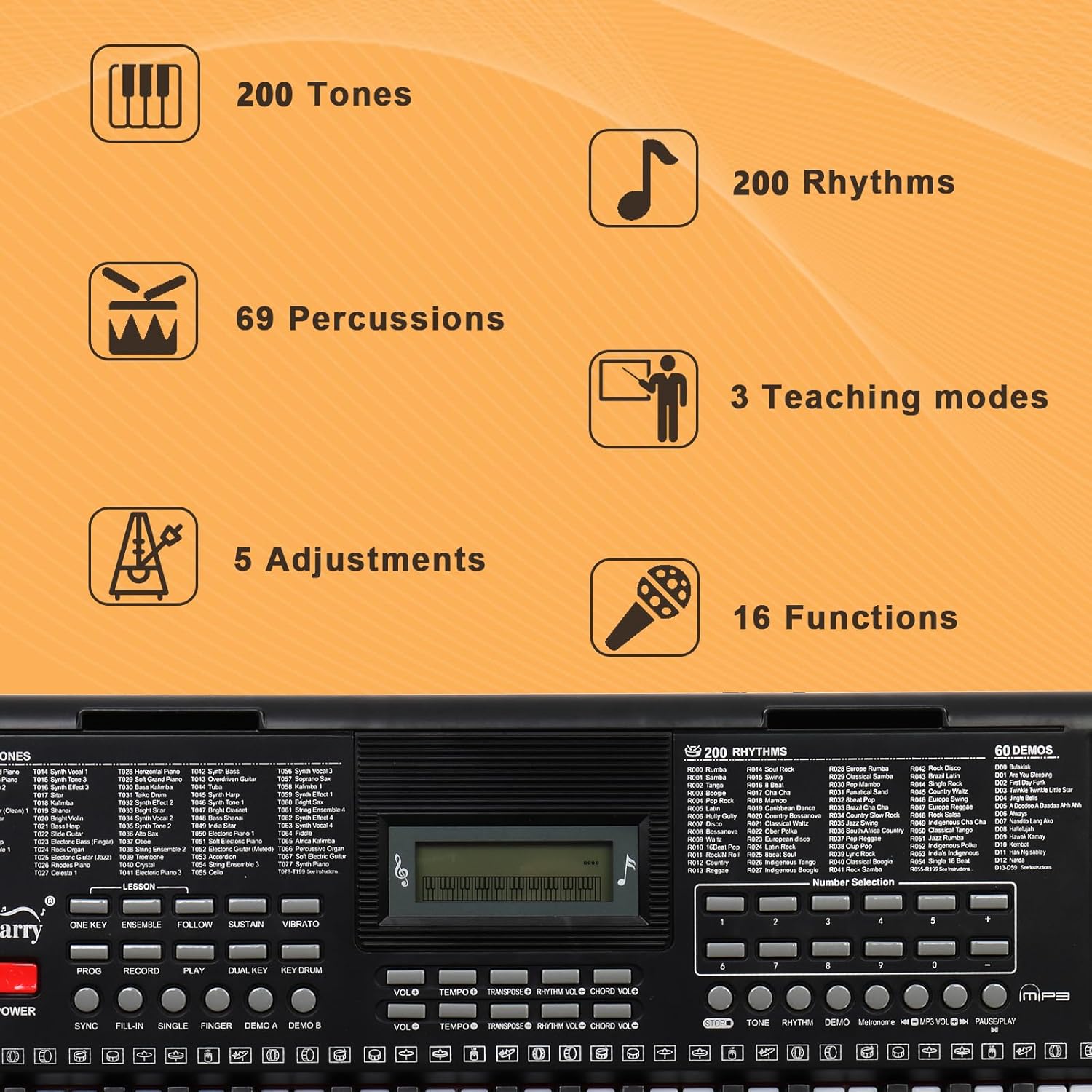 GLARRY 61-Key Portable Electronic Keyboard Piano set w/LCD Screen, Stand, Microphone, Headphones, Stand, Bench, Teaching Modes, Built-In Speakers