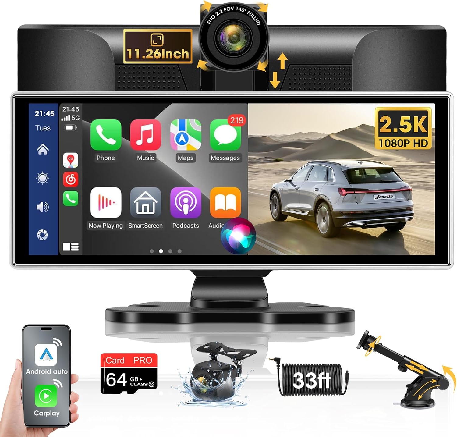Exclusive 11.26'' Wireless Apple CarPlay Screen for Car Tablet Pro max 2025 & Android Auto 2.5K Dash Cam 1080P Backup Camera carGPS Navigation/Voice Control for All Vehicles