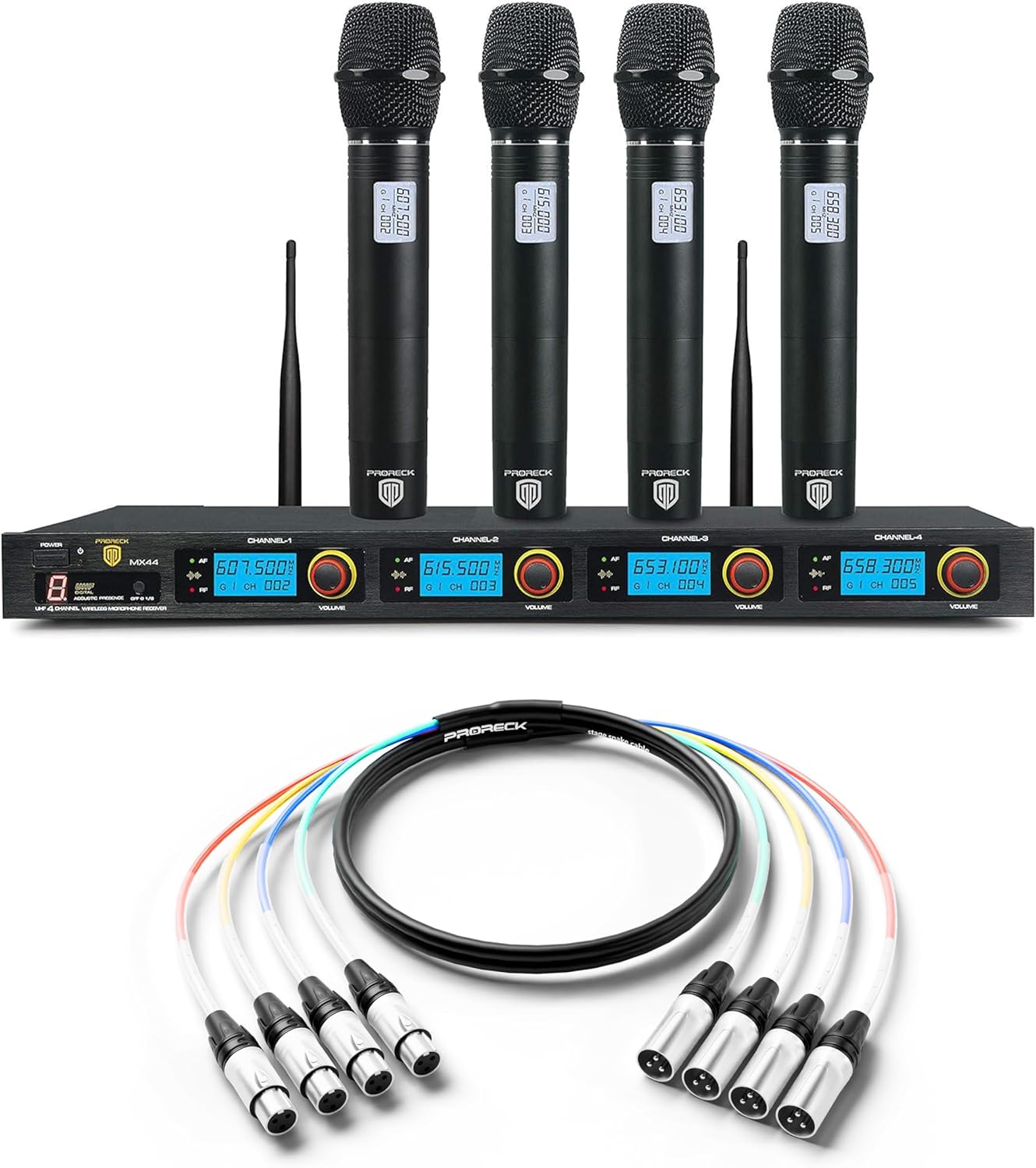 PRORECK MX44 4-Channel UHF Wireless Microphone System with 10ft Snake Cable, 4-Channel Shielded Audio Cable XLR Male to XLR Female, with Color-Marked Connectors