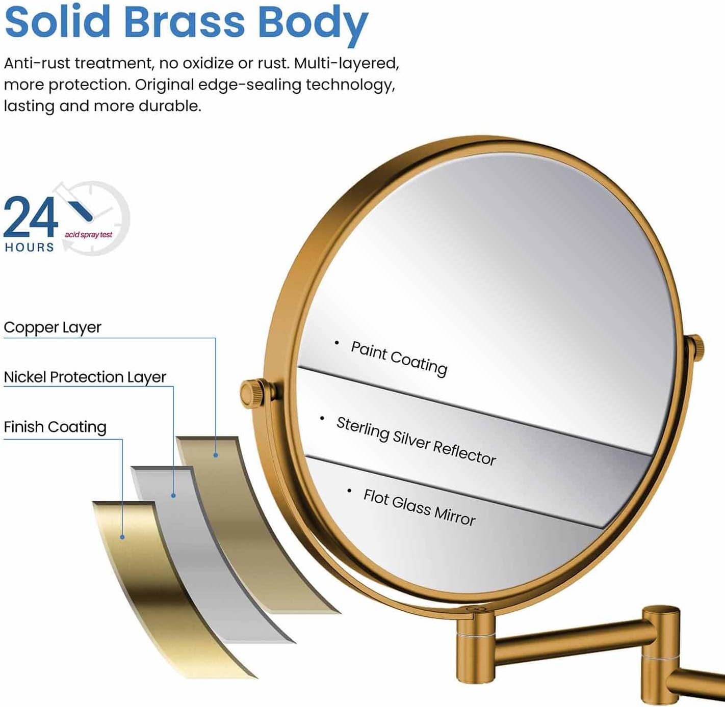 KIBI Circular Wall Mount Makeup Mirror, Dual-Sided 1x/5x Magnifying Mirror with Extendable Arm, 360° Swivel, Solid Brass Construction for Durability and Style (Brushed Gold, KMM100)