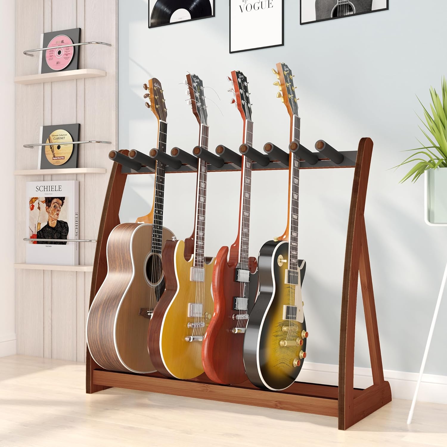 Adjustable Multi Guitar Stand Rack - Bamboo Guitar Case Stands Floor 1-9 Guitar Holder for Multiple Guitars Acoustic Electric Guitar & Bass Guitar Bag Padded Guitar Display for Band Home Stage Studio