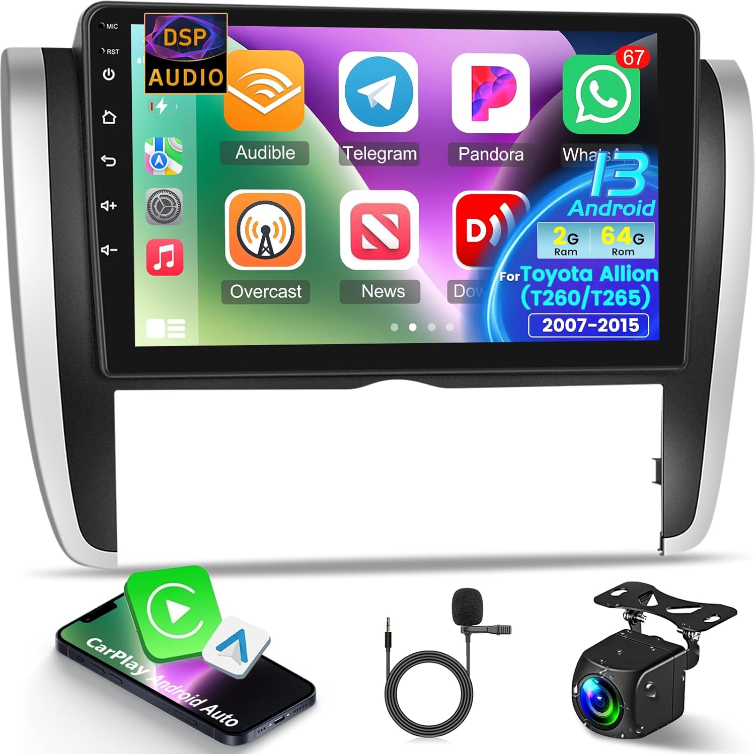 NHOPEEW [2+64G] Car Stereo for Toyota Allion T260 T265 2007-2015 - 9 inch HD Touchscreen Upgrade Radio - Wireless Carplay and Android Auto, DSP Audio, WiFi, GPS, FM/RDS Radio + AHD Backup Camera