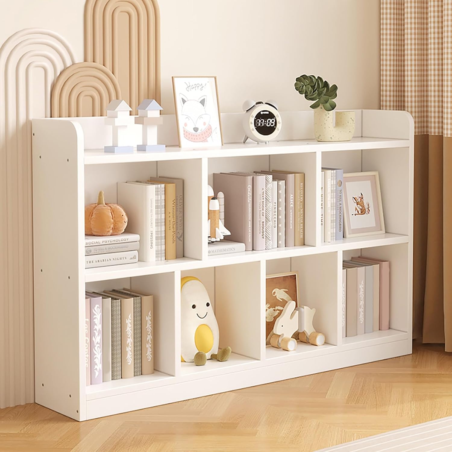 Short Bookshelf with Cabinet 2/3-Tier Geometric Bookcase, Modern Display Storage Shelves Kids Bookcase with Side Panels and Solid Wood Frame(White,100 * 24 * 86cm/39.4 * 9.4 * 34in)